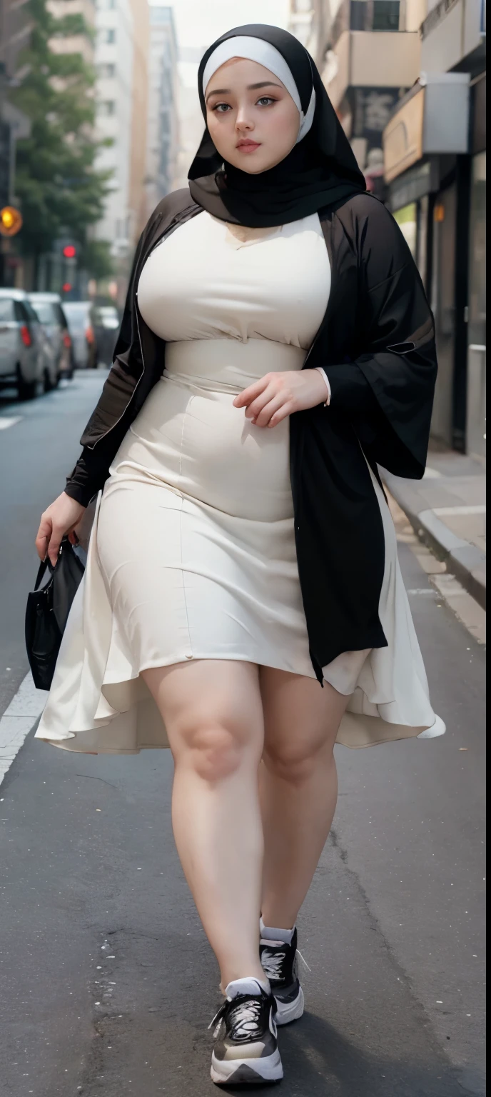 Milky white skin woman in black dress and hijab walking down the street, ,  hijab outfit, ,  hijab fashion model, plus size, plus size woman, ,  woman in black , beautiful woman, thicc, black outfit,, bbwch, white sneakers , Height 170 cm, beautiful woman, with a beautiful appearance, a very beautiful masterpiece, a masterpiece of art, good lighting, Bright colors, Clean lines