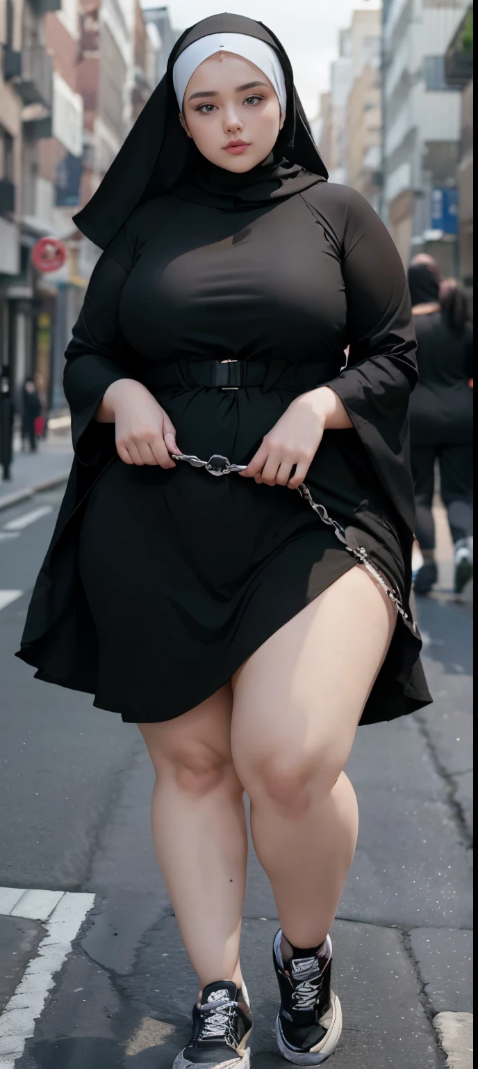 Milky white skin woman in black dress and hijab walking down the street, , hijab outfit, , hijab fashion model, plus size, plus size woman, , woman in black robes, beautiful woman, thicc, black outfit,, bbwchan , white sneakers , Height 170 cm, beautiful woman, with a beautiful appearance, a very beautiful masterpiece, a masterpiece of art, good lighting, Bright colors, Clean lines