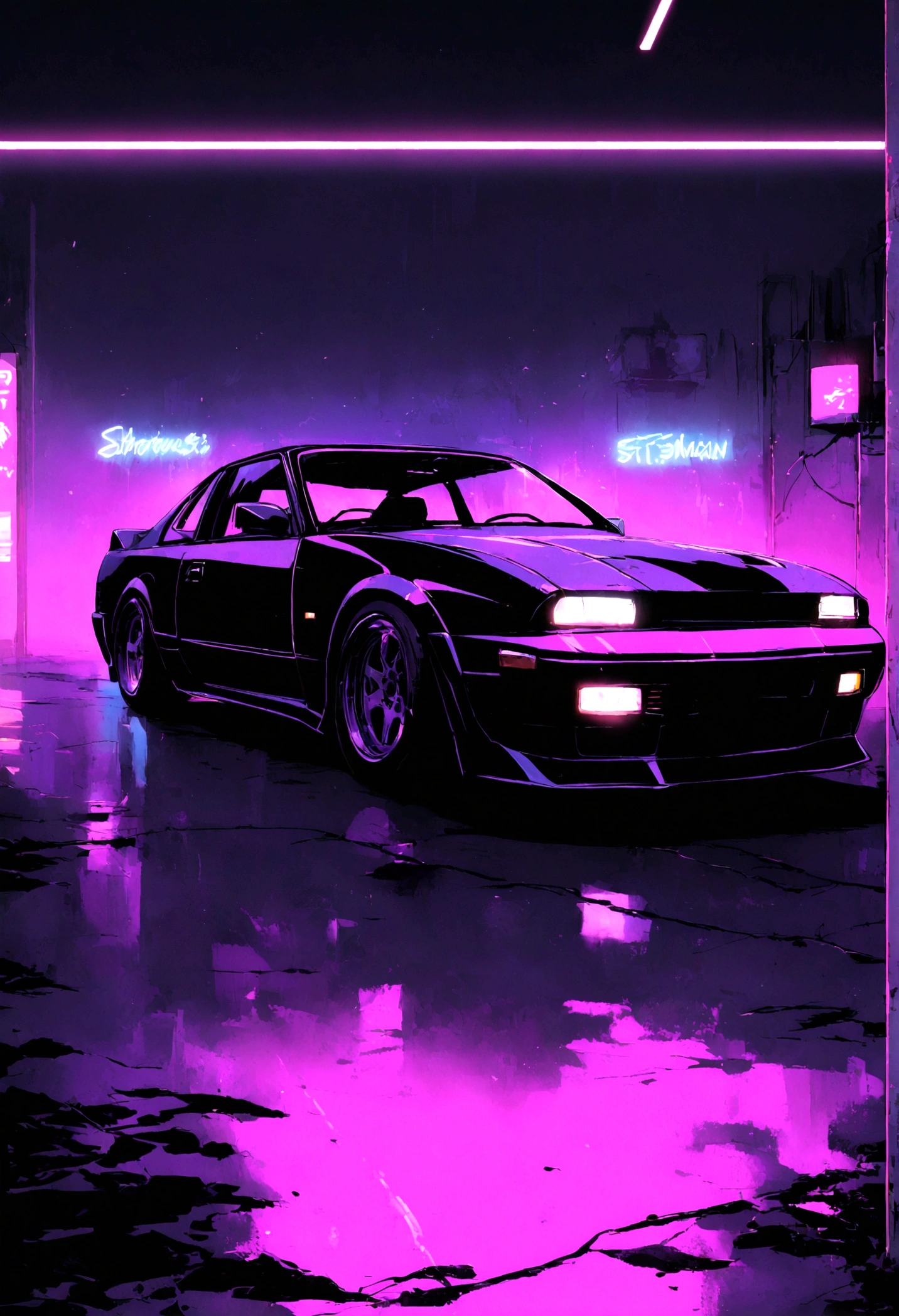retrowave synthwave background with neon lights everywhere, main object- nissan s30
