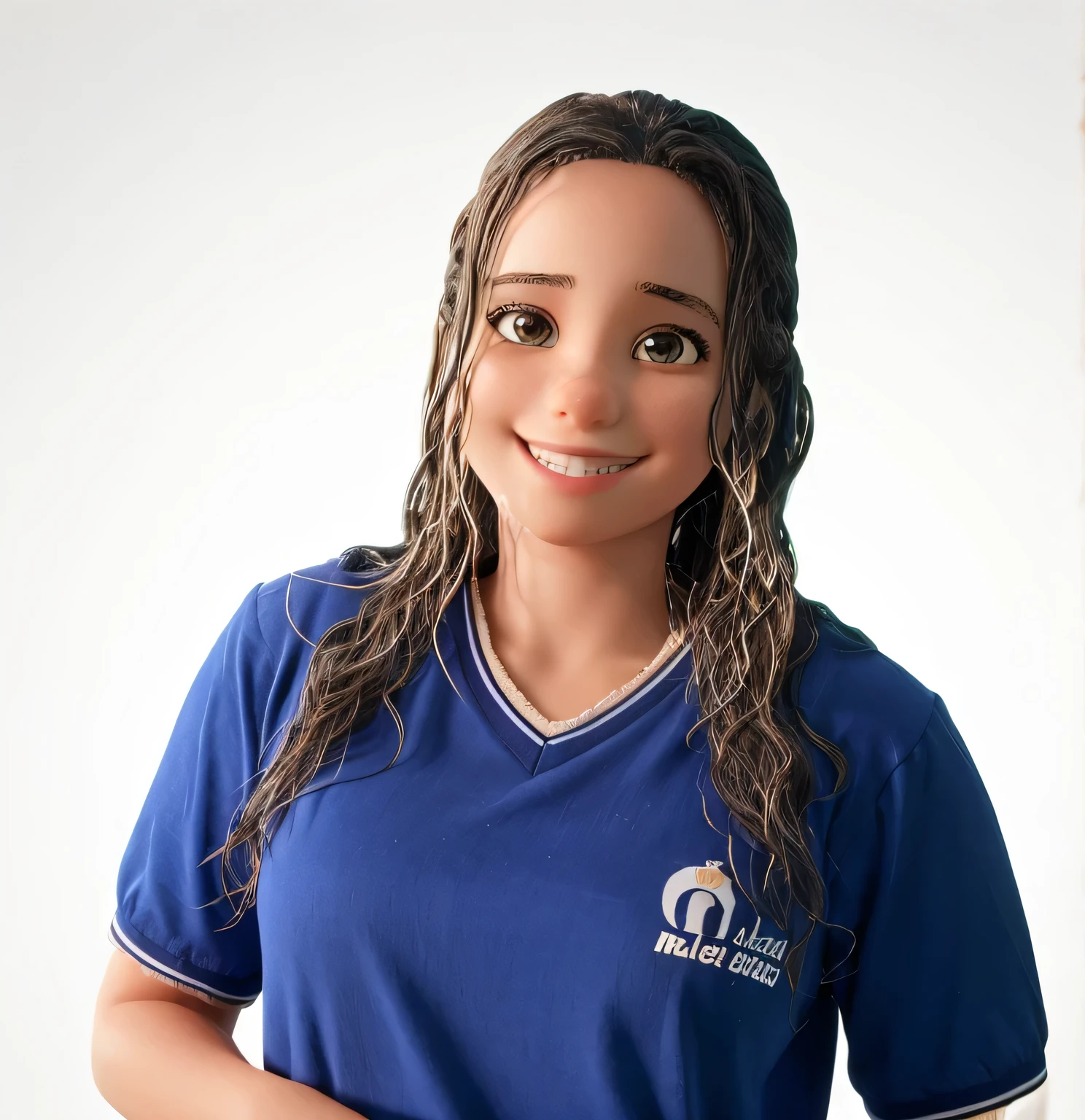 Mulher, sorriso largo, brown eyes looking into the camera. Cabelo molhado, camisa azul.