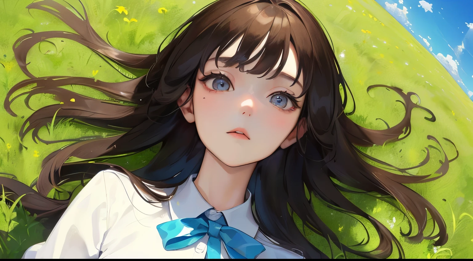 (((grassland)))、(((View from above)))、((1 person)),Masterpiece,best quality, ((Looking up at the blue sky))), ,((White shirt))、((Blue sky background))、((Expressionless)),determined expression, Upper body diagram、 (Highest Resolution、Clear_image)、Best Quality、Light and shadow contrast、((illumination))、Very detailed、Semi-realistic、Semi-long hairstyle、Brown Hair、bangs、19 years old、　Lady,,young、((View from below))、Delicate Facial Features