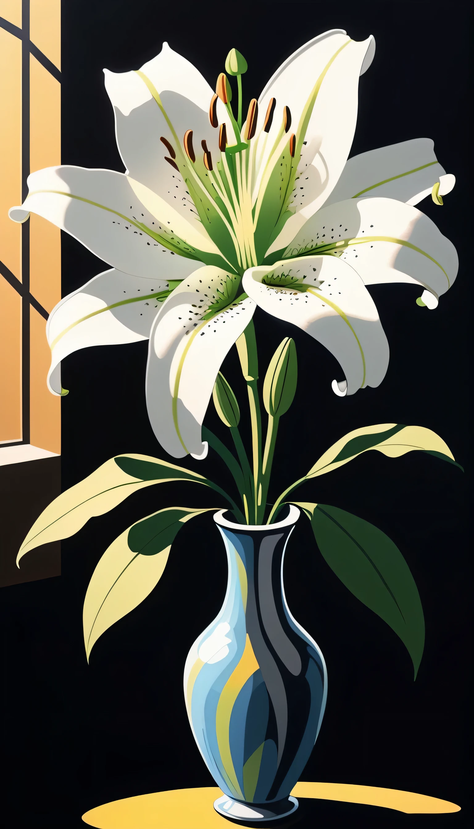 A single lily flower in a vase、White lily flower dark room background、A ray of sunlight shining from the left makes the lilies shine.、 Conrad Rosette,, Highly detailed painting, Pop Art, Pop Surrealism , Pop Surrealism、
Pop Art Drawing Painting