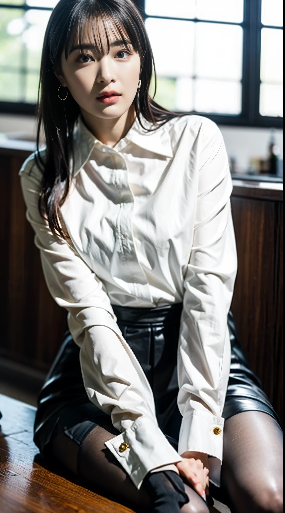 Ulzzang-6500-v1.1, (RAW Photos:1.2), (Photorealistic), (See through:1.3), (Genuine:1.4), 上流階級の魅惑的なwoman、1woman、luxury silk blouse:1.2, (Ultra-realistic pantyhose:1.2), Without skirt、Sit at the bar counter、Crossing your legs、Attractive appearance、