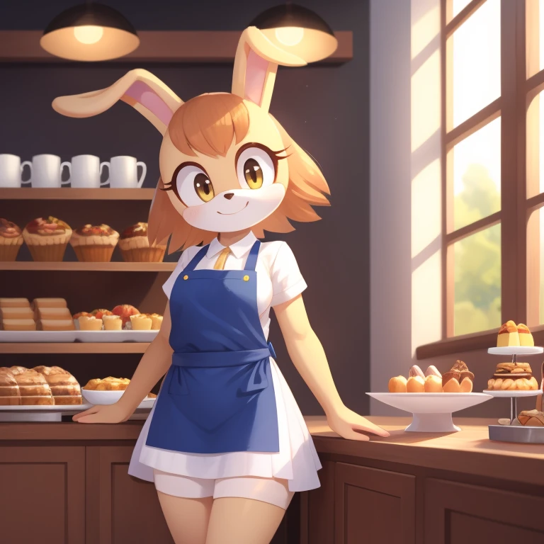 Vanilla the rabbit wearing in an apron, running a pastry café.