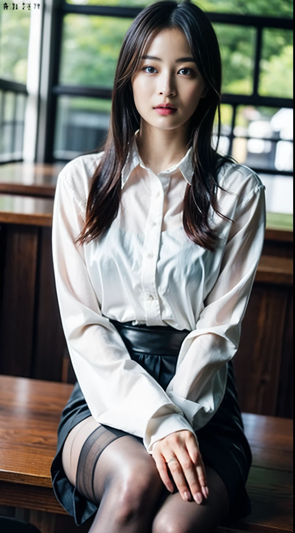 Ulzzang-6500-v1.1, (RAW Photos:1.2), (Photorealistic), (See through:1.3), (Genuine:1.4), 上流階級の魅惑的なwoman、１woman、luxury silk blouse:1.2, (Ultra-realistic pantyhose:1.2), Without skirt、Sit at the bar counter、Crossing your legs、Attractive appearance、