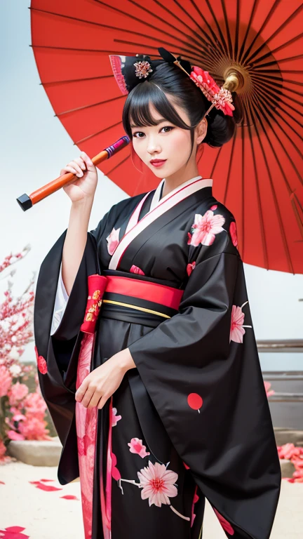 Geisha woman full body,Wearing a brightly patterned black kimono,Holding a Japanese umbrella,Wearing a long, tightly-tied hat