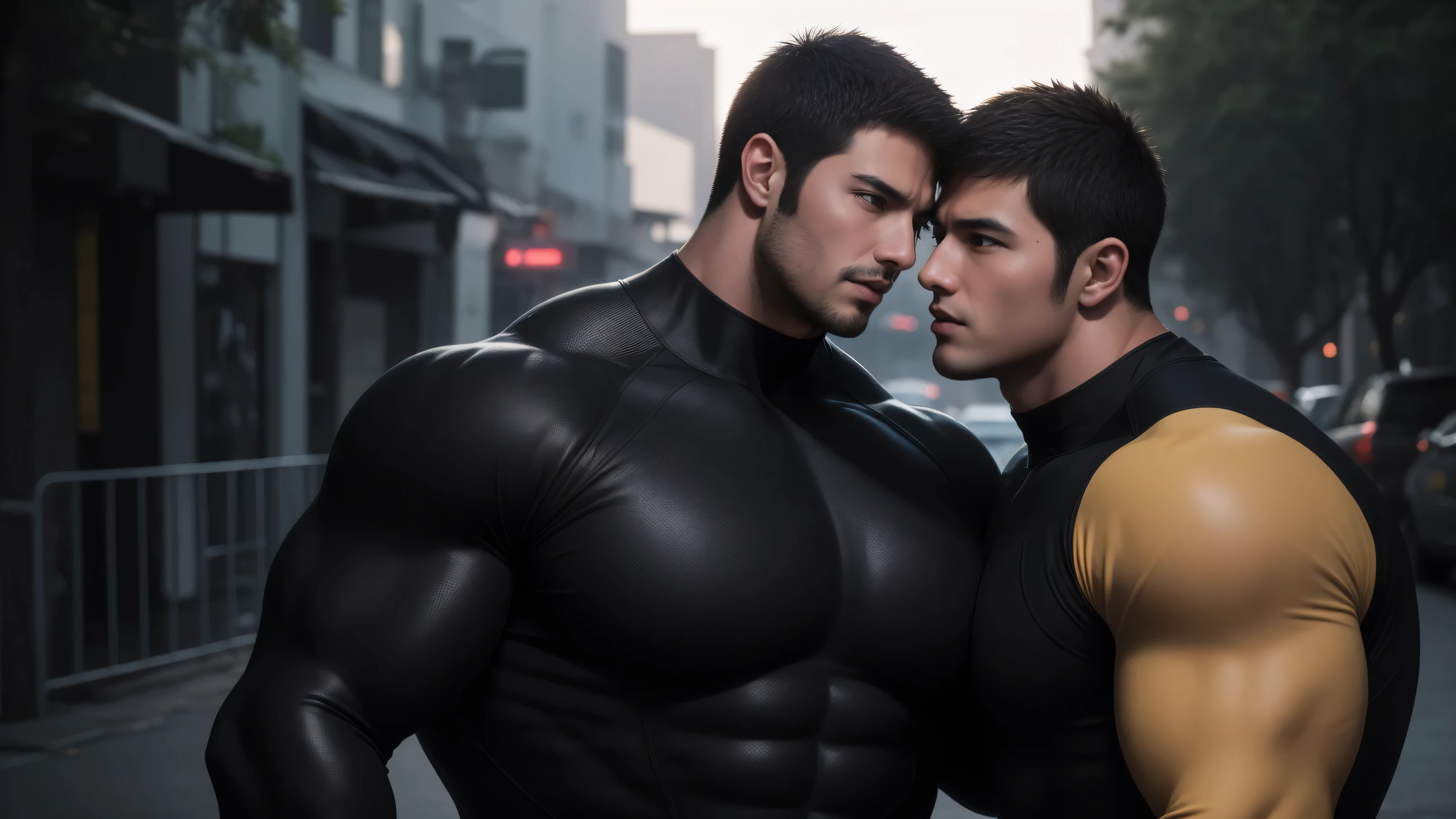 Super muscular man hugging,  Open mouth and scream，Look at each other affectionately，They hugged each other affectionately，Buzz Cut，On the old-style outdoor street under the hot sun, Wear a long-sleeved, deep turtleneck bodysuit, Thickened warm elastic texture，Clothes are very dirty with mud stains，The expression is arrogant, Thick thighs, Messy hair, Thick thighs, High-necked long-sleeved dark yellow high-necked tights, very tight, Regular symmetrical pattern, Highlight muscles, Police uniform pants, character concept（Resident Evil - Chris Redfield, Chris Redfield）A proud expression, Deep and charming eyes, Heroic male pose, tall Burly, muscular！muscular thighs, tough guy, perfect facial features, High, Burly, Heqiang, Super polished and cool, High Resolution Committee, Charismatic, The sun is blazing, dazzling