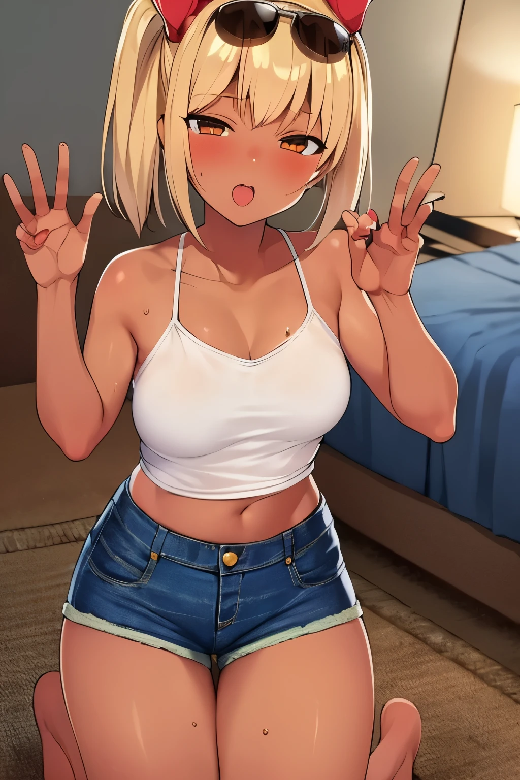 2D，highest quality，(masterpiece)，(whole body)，Rumia，blonde，1 girl，，young，Small ears，Healthy brown skin，黒のDenim hot pants，Tank top，barefoot，barefoot，Attractive thighs，Butt，(Red ribbon on head )，Total，Bedroom，get drunk，Sweat，Superior，cheeks are bright red，(Kneeling pose)， (wave hands)，Cute with bruises，erotic，I feel it，Denim hot pants，night，Heavy breathing，Girl Brat，An evil  like a little devil，Heart on head