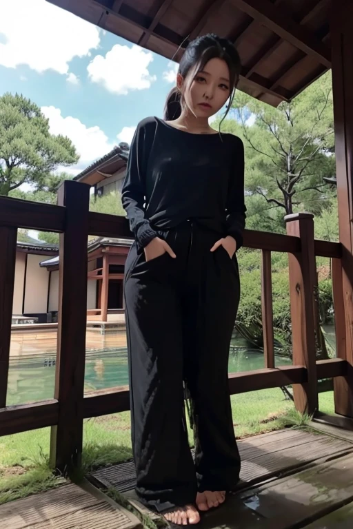 Japanese Girl sees the ghost and pees her black palazzo pants until her pants are wet in fright.