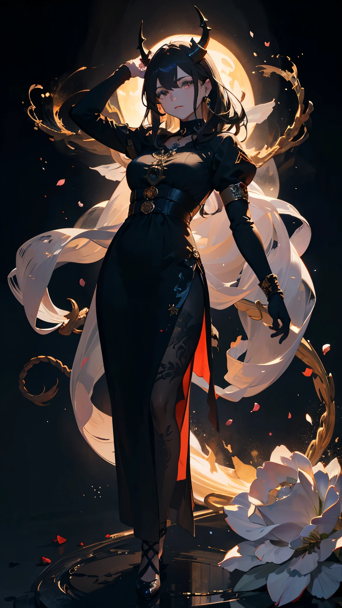 Seven Rhaeyar (Deylta), Ancient Star goddess, Perfect female anatomy (Royal, Adult Female, 166cm in height, pale skin, slim, slender, 34D breast size, She has long Black Hair, Her eyes are gray, a set of black colored horns on her head), Neutral facial expression, Elegant black uniform dress, female choker accessory, dragon motifs, silver and rope accessories, Simple Black Background, receiving light from the front, Ethereal glow, Blue rose petals