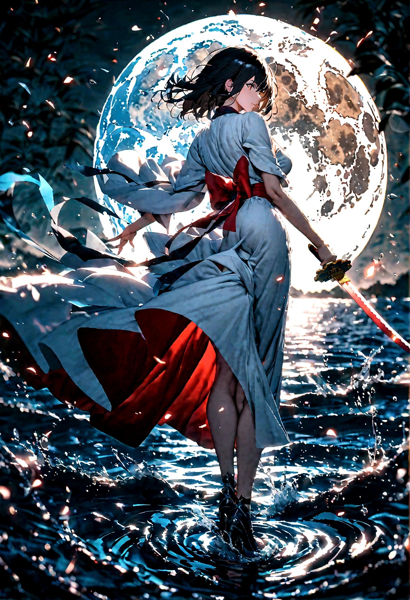 the garden of sinners，ryougi shiki，female，white kimono，short flowing black hair，look back sideways，stand on the lake，wielding a katana，make a splash，full body，moonlit night, massive moon，a firm and soft look，cool colors，blue and white，best picture quality，uhd，virtual engine，octane rendering，bloom, details，ambient light shading，depth of field effect, kirlian photography