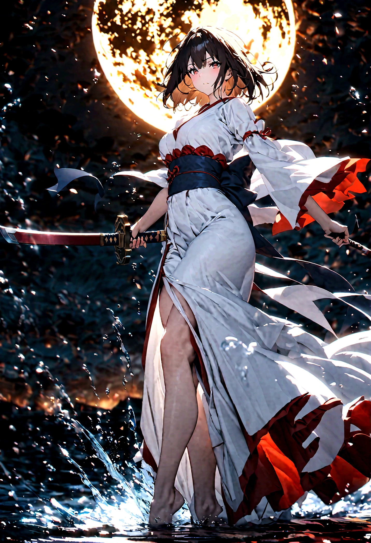 the garden of sinners，ryougi shiki，female，white kimono，short flowing black hair，look back sideways，stand on the lake，wielding a katana，make a splash，full body，moonlit night, massive moon，a firm and soft look，cool colors，blue and white，best picture quality，uhd，virtual engine，octane rendering，bloom, details，ambient light shading，depth of field effect, kirlian photography