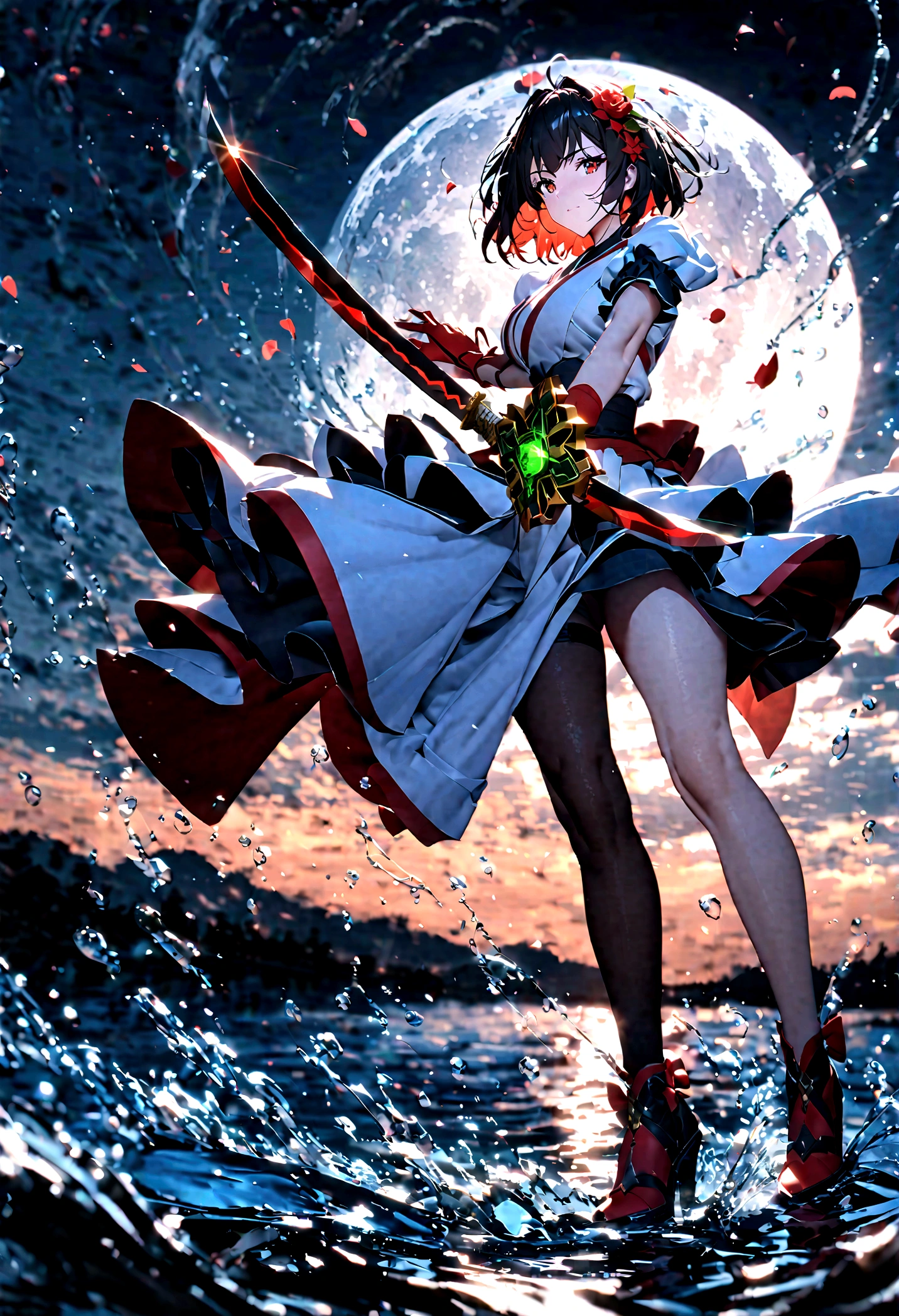 the garden of sinners，ryougi shiki，female，white kimono，short flowing black hair，look back sideways，stand on the lake，wielding a katana，make a splash，full body，moonlit night, massive moon，a firm and soft look，cool colors，blue and white，best picture quality，uhd，virtual engine，octane rendering，bloom, details，ambient light shading，depth of field effect, kirlian photography