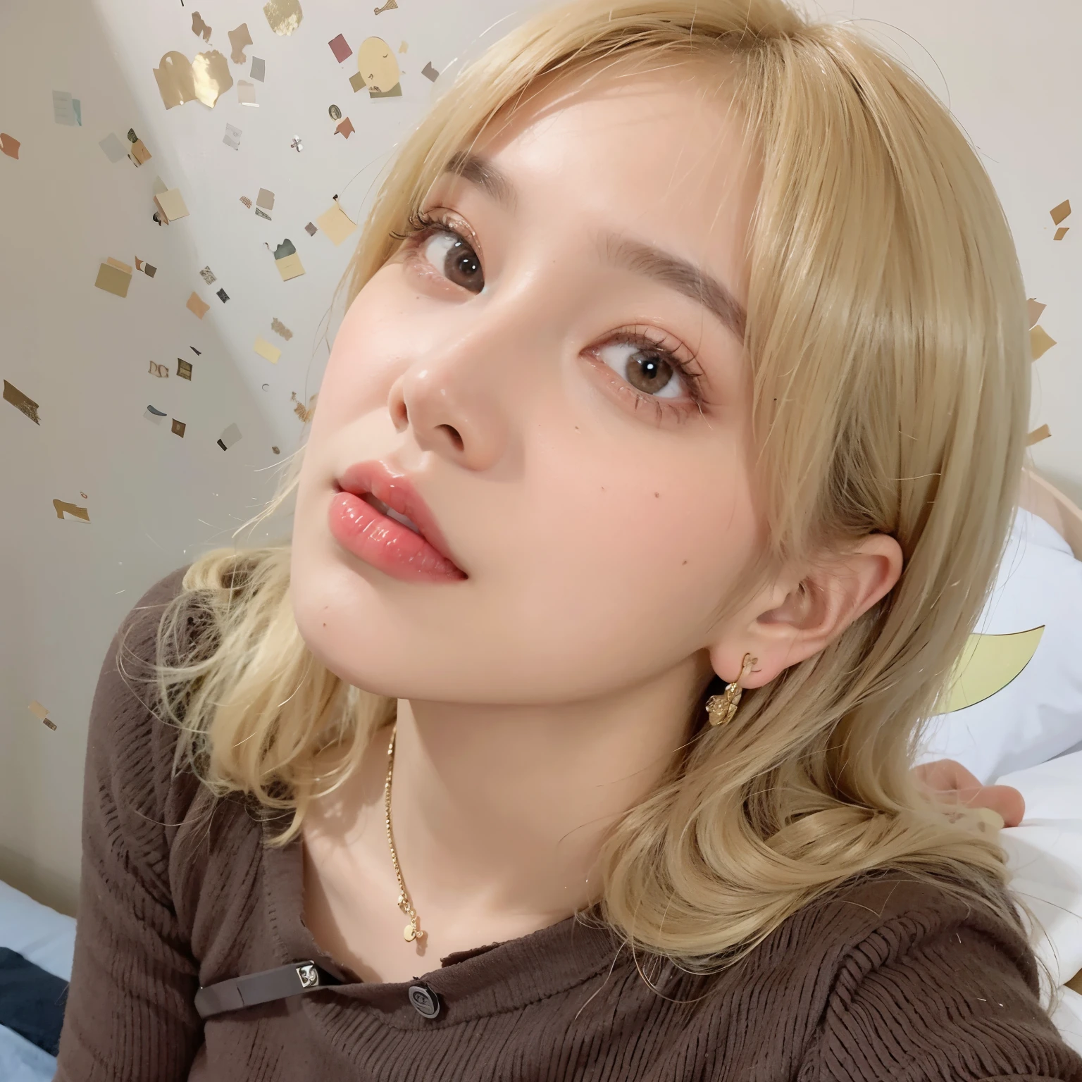 Close up of woman with blonde hair wearing brown shirt, Larisa Manoval, Blackpink's Roseanne Park, sun yunjoo, Larissa Manoban of Blackpink, full of bangs, Has bangs, hime cut, Blackpink's Josh, portrait of Blackpink's Josh, Heonhwa Choi, neat hair Has bangs, Jaeyeon Nam