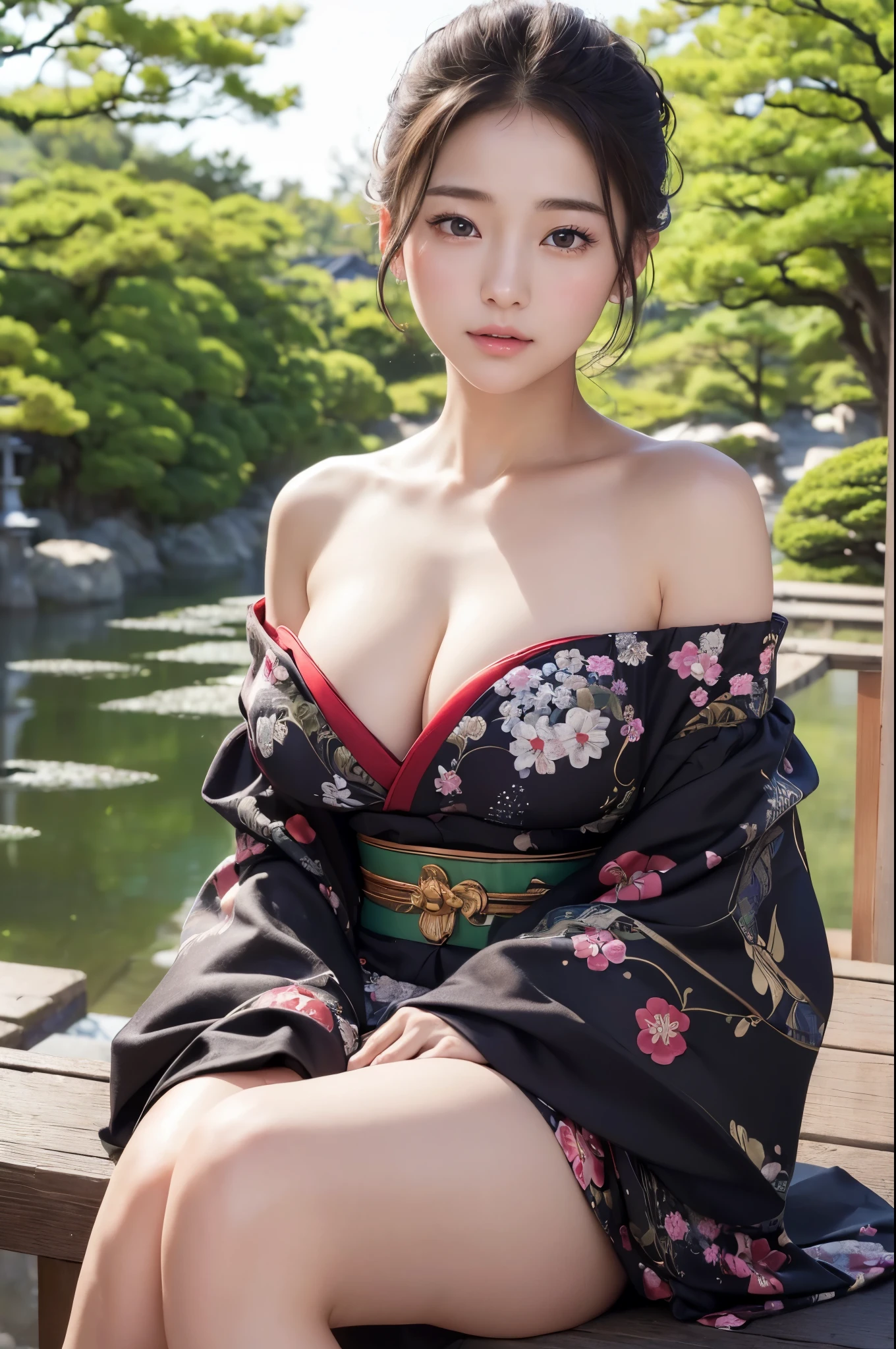 (((masterpiece))),(((High resolution)))、(((8K)))、(((perfect face)))、(((beauty of japan)))、20 years old、(((beautiful face))), (((off shoulder Japanese dress))), Plump, embarrassed look, look at the camera、top quality eyes, detailed texture, look at the camera, big tits