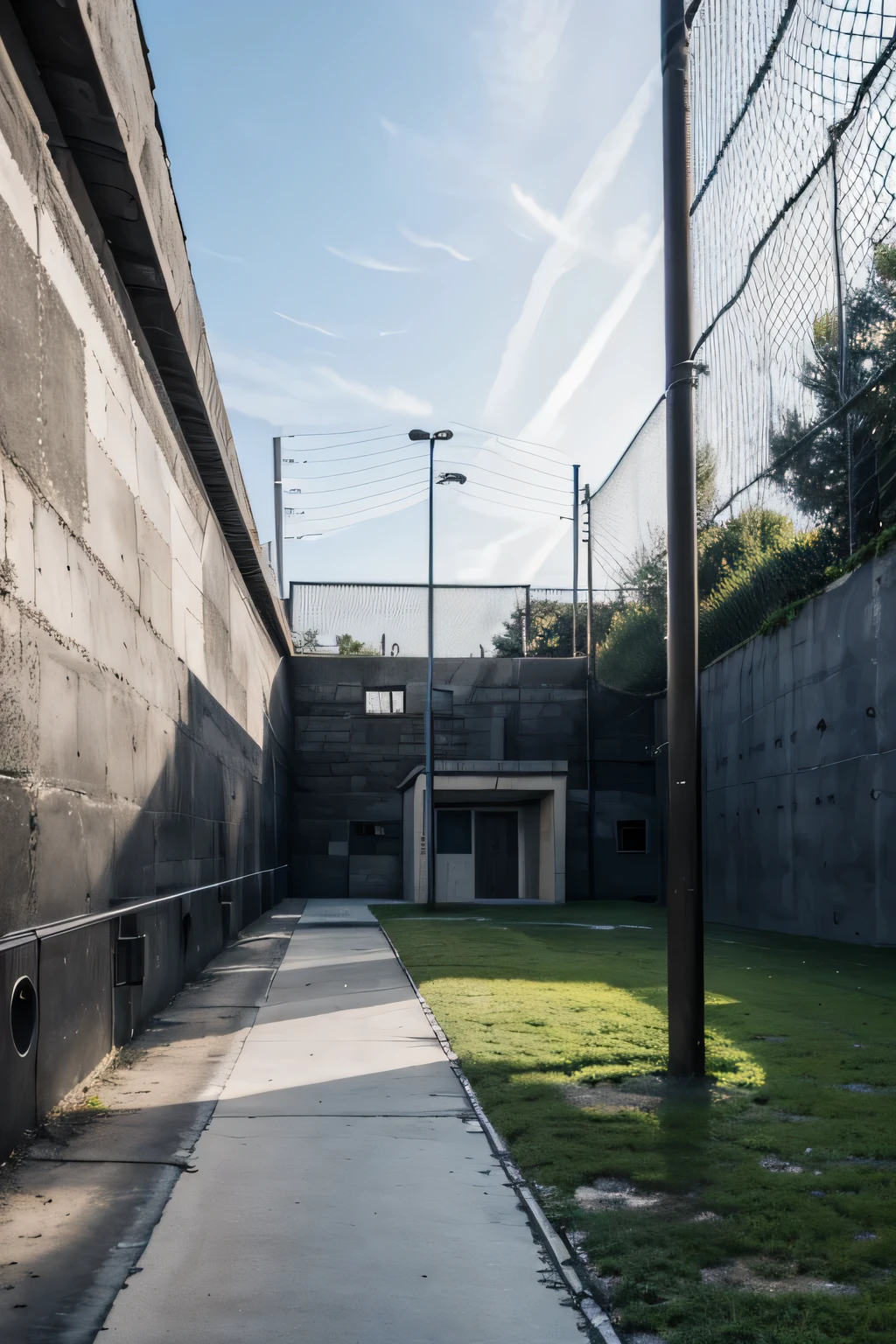 (masterpiece:1.2),(best quality:1.2), very strict prison, jail, playground,(surrounded by extremely high wall:1.2), barbed wires,under surveillance, surveillance camera

