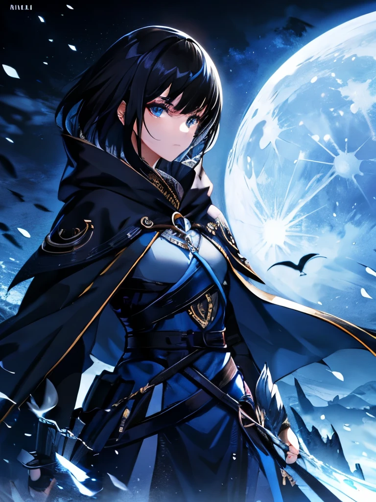 Moon Amazon, adult woman, black cloak, short black hair, masculine cut, blue eyes, moon effects