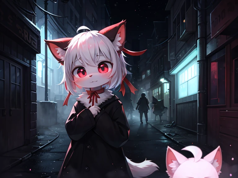 Hallucination, daydream , bokeh , ghost , A dense foggy Alley leading to purgatory , White face, big eyes and a red ribbon , Smooth and soft fur , hell kitty