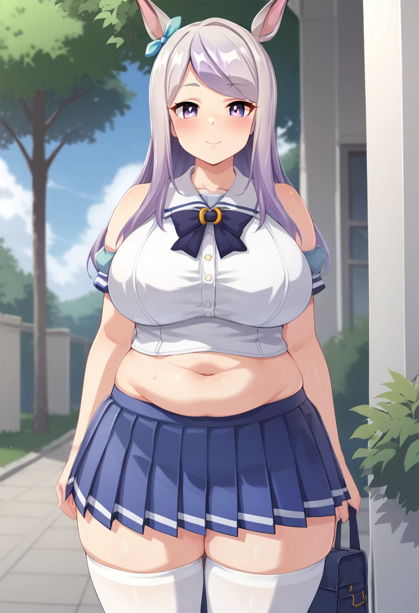score_9, score_8_up, score_7_up, uncensored, source_anime, 1girl, solo, outdoors, school entrance, mejiro mcqueen \(umamusume\), summer uniform, white thighhighs, loafers, cowboy shot, smile, blush, huge breasts, wide hips, thick thighs, navel, midliff, chubby, plump, curvy, (platinum-blonde hair), sleeveless, bare shoulders,