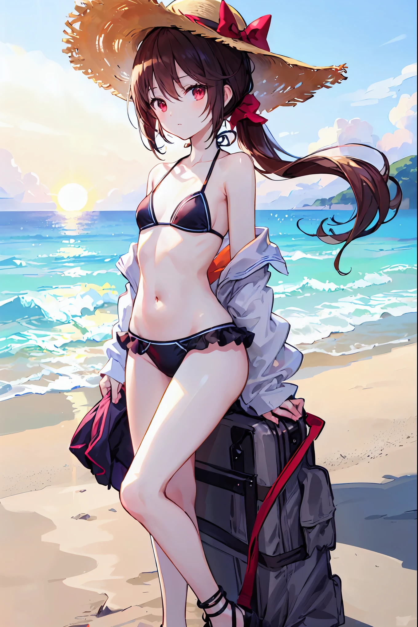 God Quality, Anime Moe Art Style,Best Anime 8K Konachan Wallpaper,Amazing Anime 8K,Perfect Anatomy, (Draw a girl walking on the beach wearing an off-the-shoulder bikini). break, One girl, (alone,,,s old:1.5),(Translucent white skin), Complete limbs, Full Finger, Long Hair, Brown Hair,Flat Chest, Small Ass, between legs, Small eyes,Beautiful detailed red eye,ponytail, anklet, Sun hat, on a rural beach. break,Super detailed,High resolution,Highly detailed skin, Professional Lighting,(Cool and cute illustrations:1.2),
