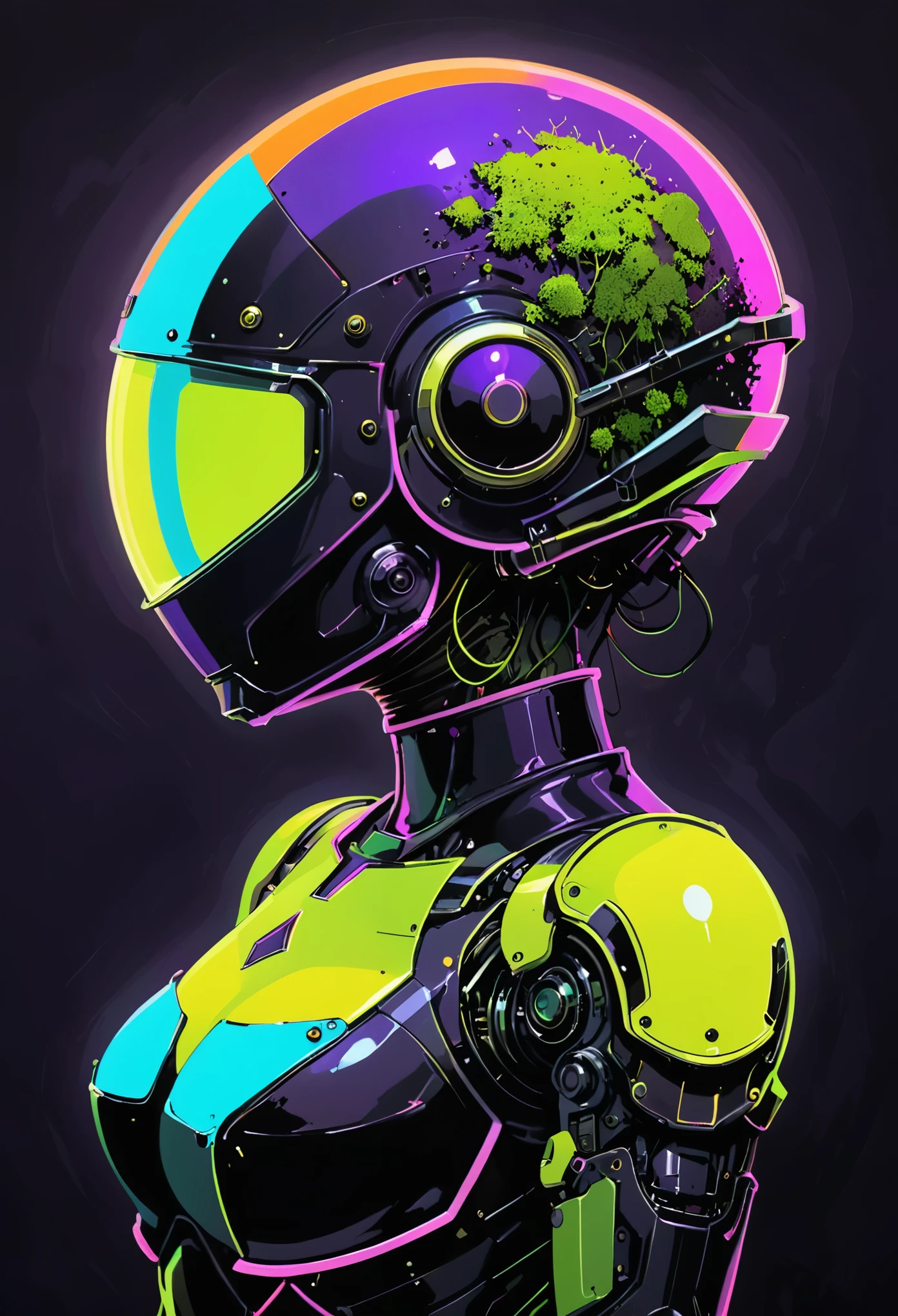 in style of Ashley Wood,(in style of Conrad Roset:1.3),
painting,drawing by Conrad Roset close up, a helmet  robot ,(gradient color mask glass:1.3),(darkorchid neon glowing:1.7),( (glowing neon glass transparent helmet:1.8),there is no facial contour),(the robot is aged with moss on its rusty bronze armor:1.2),night,moonlight shadows,dramatic lighting,gradient pop surrealism,pop art [(details:1.2): [ (many small details:1.3) : [ (many ultrasmall details: 1.2):(very detailed ultrasmall edges and microrelief:1.5):0.7 ]: 0.4 ] :0.2],
BREAK
Detailed,(darkness:1.5),(very detailed shadows:1.5),absolute shadows,absolute darkness,