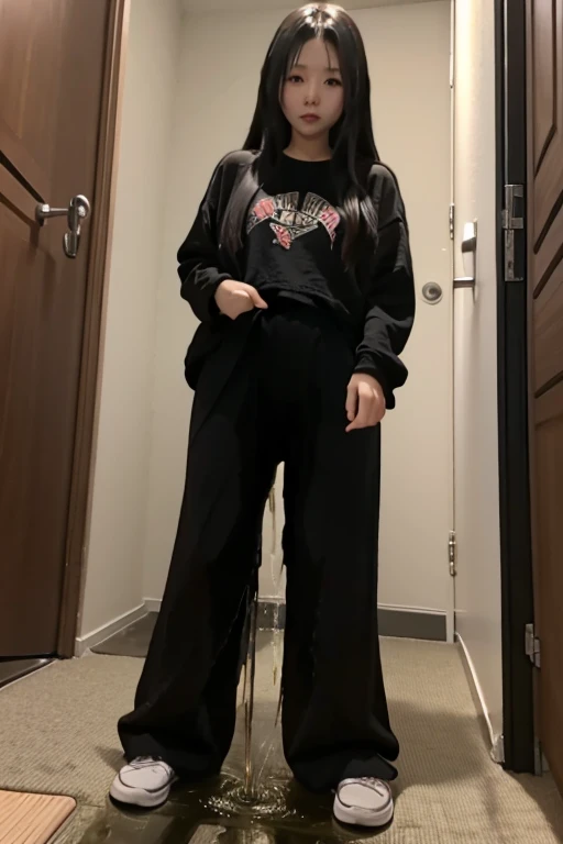 Japanese Girl sees the ghost and pees her black palazzo pants until her pants are wet in fright.