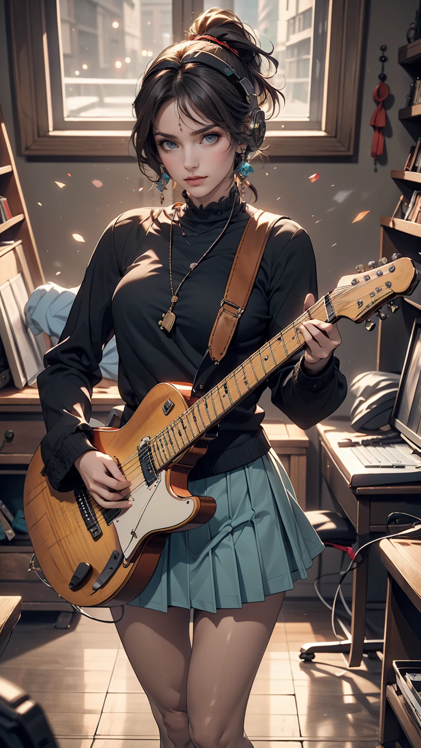 ((masterpiece, highest quality))One Girl, alone, Black Dress, blue eyes, electric guitar, guitar, Headphones, Double Ponytail, Holding, Holding plectrum, musical instrument, Long Hair, music, One side up, Turquoise Hair, Twin tails, guitarを弾く, Pleated skirt, Black Shirt, interior