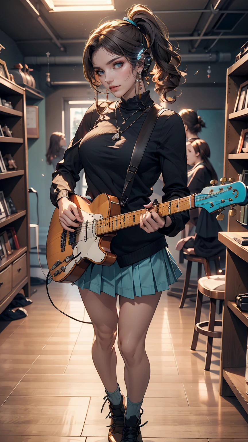 ((masterpiece, highest quality))One Girl, alone, Black Dress, blue eyes, electric guitar, guitar, Headphones, Double Ponytail, Holding, Holding plectrum, musical instrument, Long Hair, music, One side up, Turquoise Hair, Twin tails, guitarを弾く, Pleated skirt, Black Shirt, interior