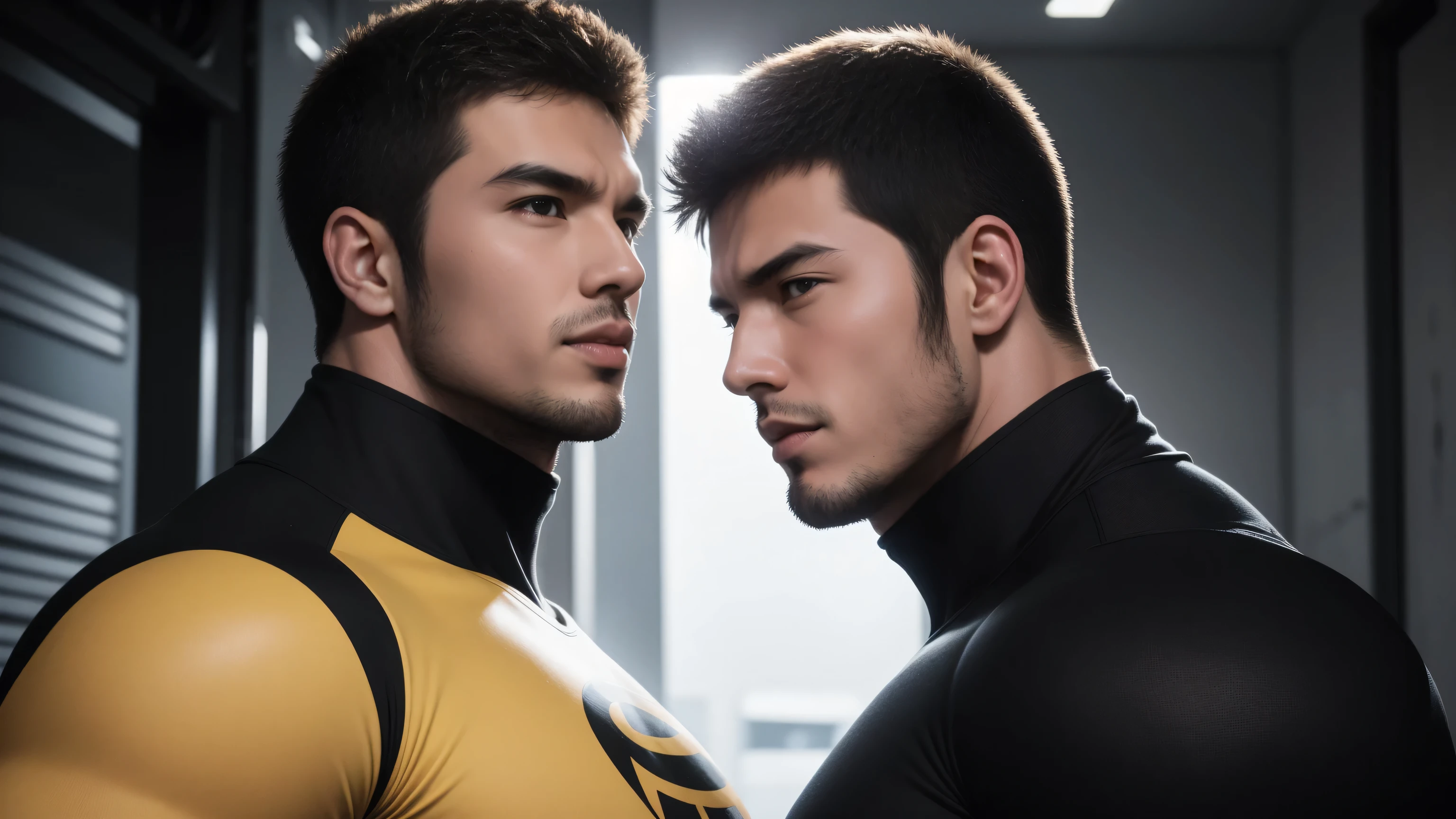 Super muscular man hugging, Open mouth and scream,Look at each other affectionately,They hugged each other affectionately,Buzz Cut,On the old-style outdoor street under the hot sun, Wear a long-sleeved, deep turtleneck bodysuit, Thickened warm elastic texture,Clothes are very dirty with mud stains,The expression is arrogant, Thick thighs, Messy hair, Thick thighs, High-necked long-sleeved dark yellow high-necked tights, very tight, Regular symmetrical pattern, Highlight muscles, Police uniform pants, character concept(Resident Evil - Chris Redfield, Chris Redfield)A proud expression, Deep and charming eyes, Heroic male pose, tall Burly, muscular!muscular thighs, tough guy, perfect facial features, High, Burly, Heqiang, Super polished and cool, High Resolution Committee, Charismatic, The sun is blazing, dazzling