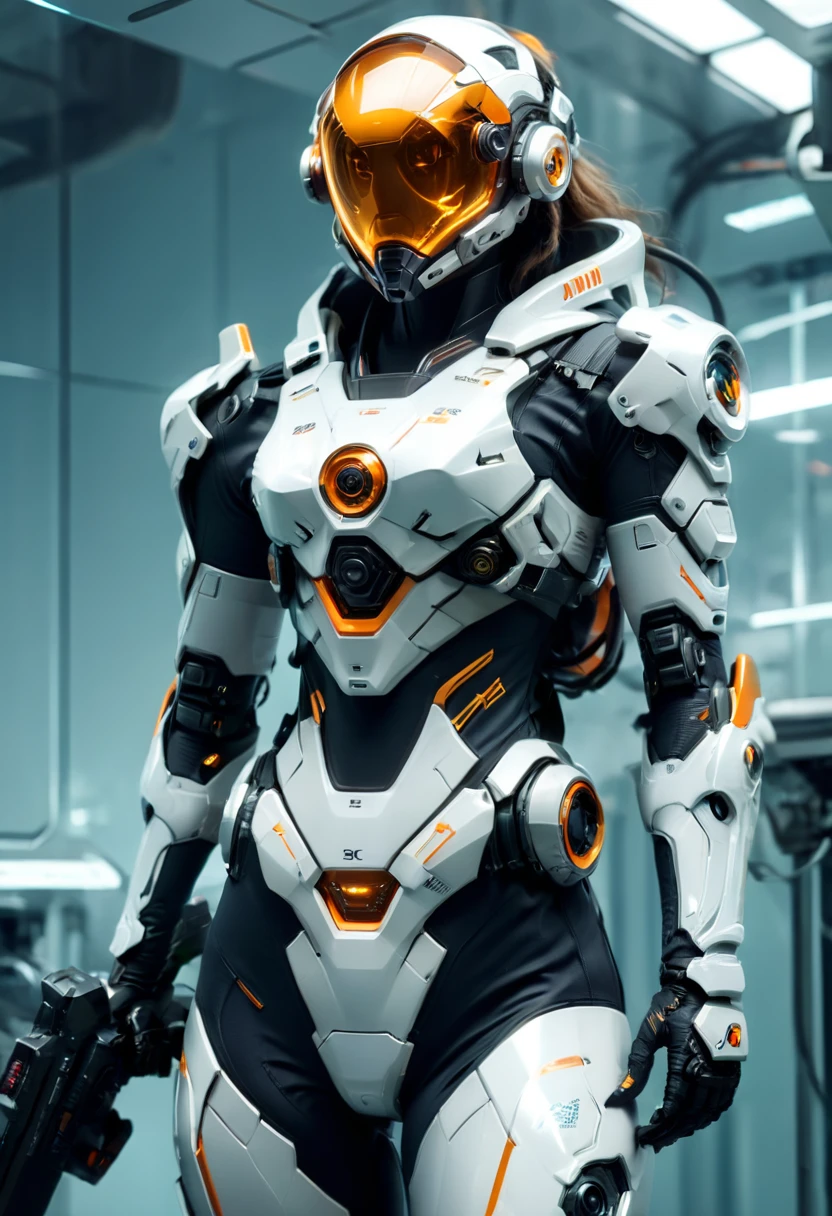 sci-fi style, a female warrior wearing a chemical protective suit and wielding an energy weapon patrols a high-tech laboratory, with futuristic equipment and instruments in the background, (masterpiece, best quality, Professional, perfect composition, very aesthetic, absurdres, ultra-detailed, intricate details:1.3)