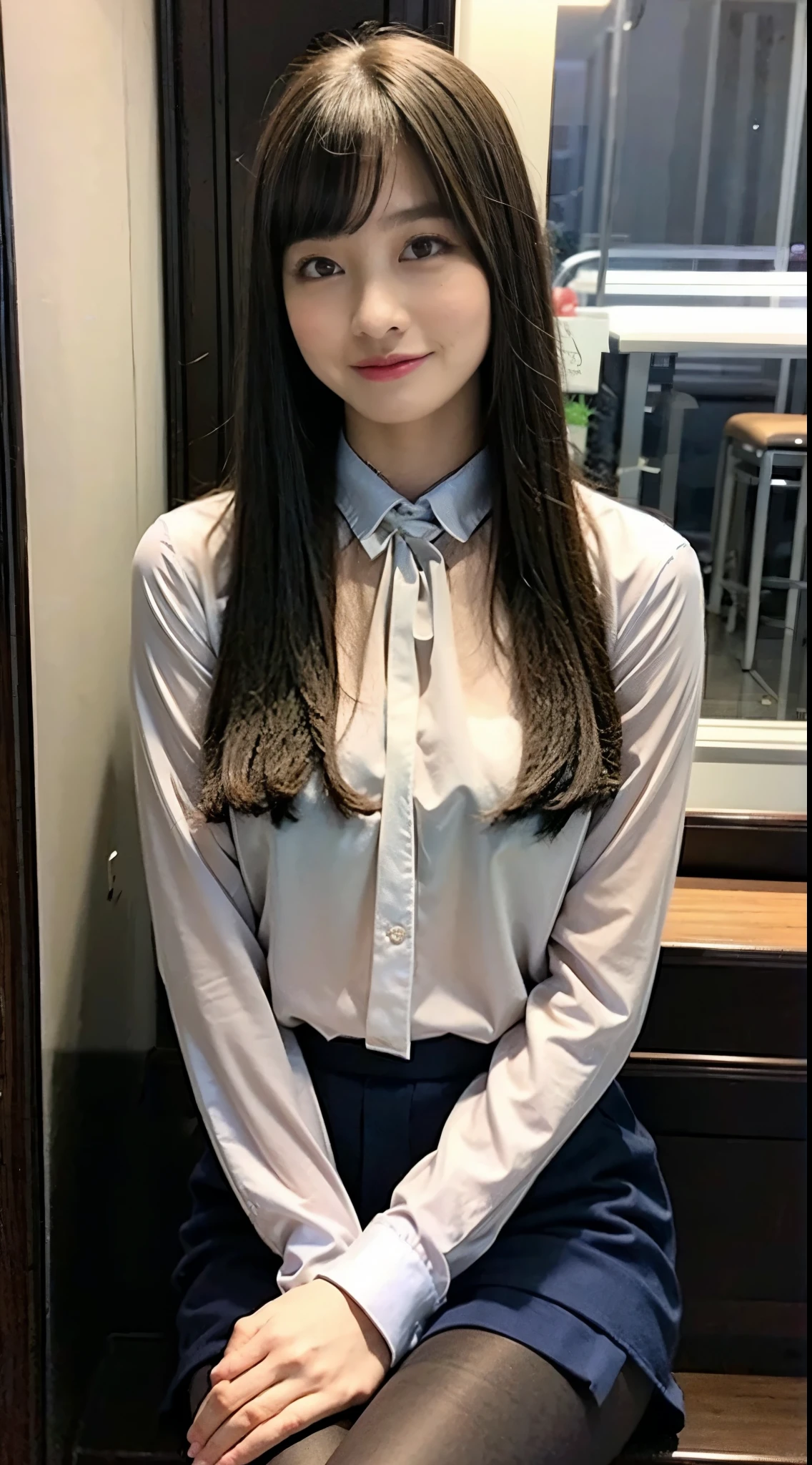 Ulzzang-6500-v1.1, (RAW Photos:1.2), (Photorealistic), (See through:1.3), (Genuine:1.4), 上流階級の魅惑的なwoman、１woman、luxury silk blouse:1.2, (Ultra-realistic pantyhose:1.2), Without skirt、Sit at the bar counter、Crossing your legs、Attractive appearance、