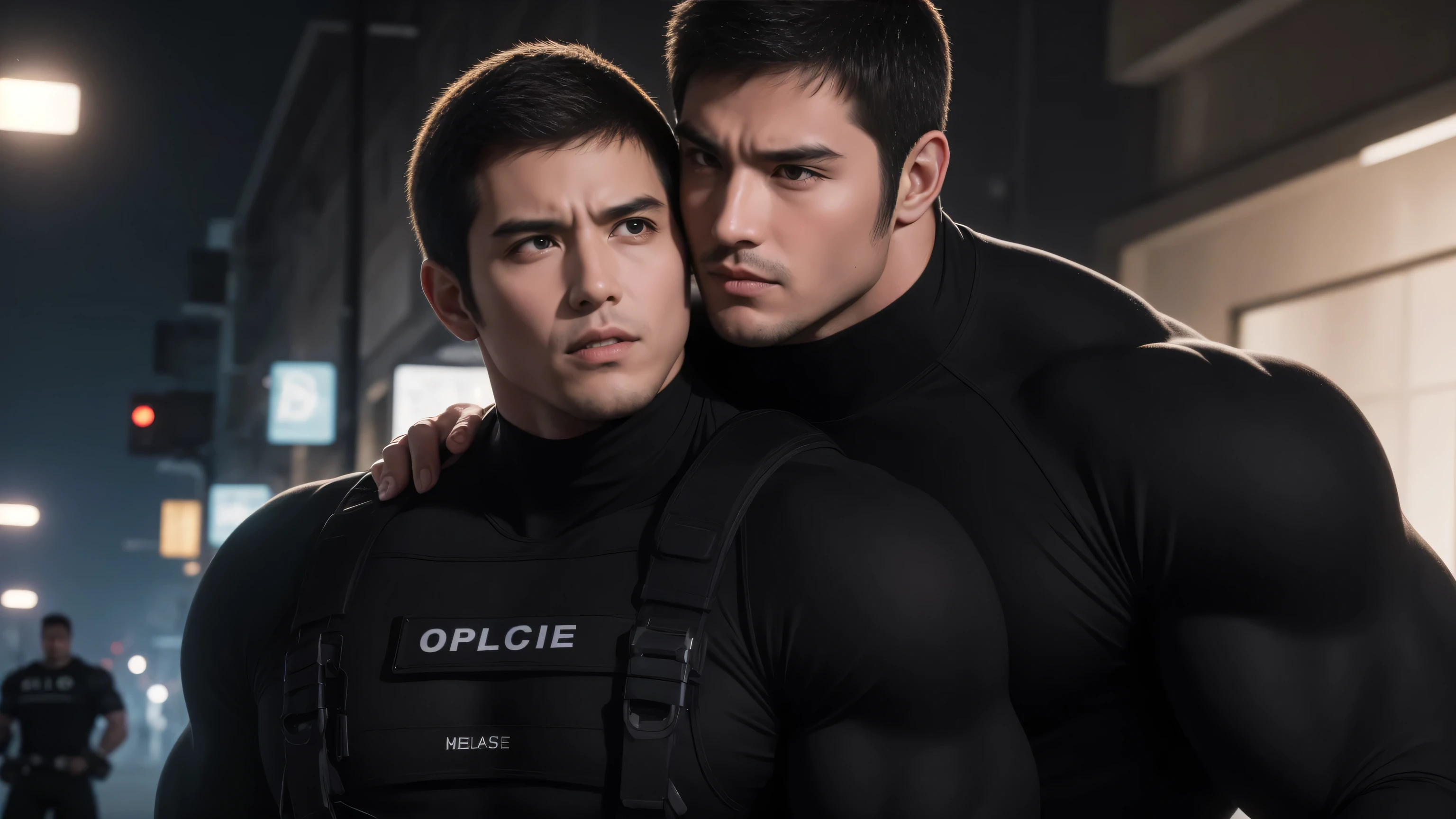 Super muscular man hugging,  Open mouth and scream，Look at each other affectionately，They hugged each other affectionately，Buzz Cut，On the old-style outdoor street under the hot sun, Wear a long-sleeved, deep turtleneck bodysuit, Thickened warm elastic texture，Clothes are very dirty with mud stains，The expression is arrogant, Thick thighs, Messy hair, Thick thighs, High-necked long-sleeved dark yellow high-necked tights, very tight, Regular symmetrical pattern, Highlight muscles, Police uniform pants, character concept（Resident Evil - Chris Redfield, Chris Redfield）A proud expression, Deep and charming eyes, Heroic male pose, tall Burly, muscular！muscular thighs, tough guy, perfect facial features, High, Burly, Heqiang, Super polished and cool, High Resolution Committee, Charismatic, The sun is blazing, dazzling