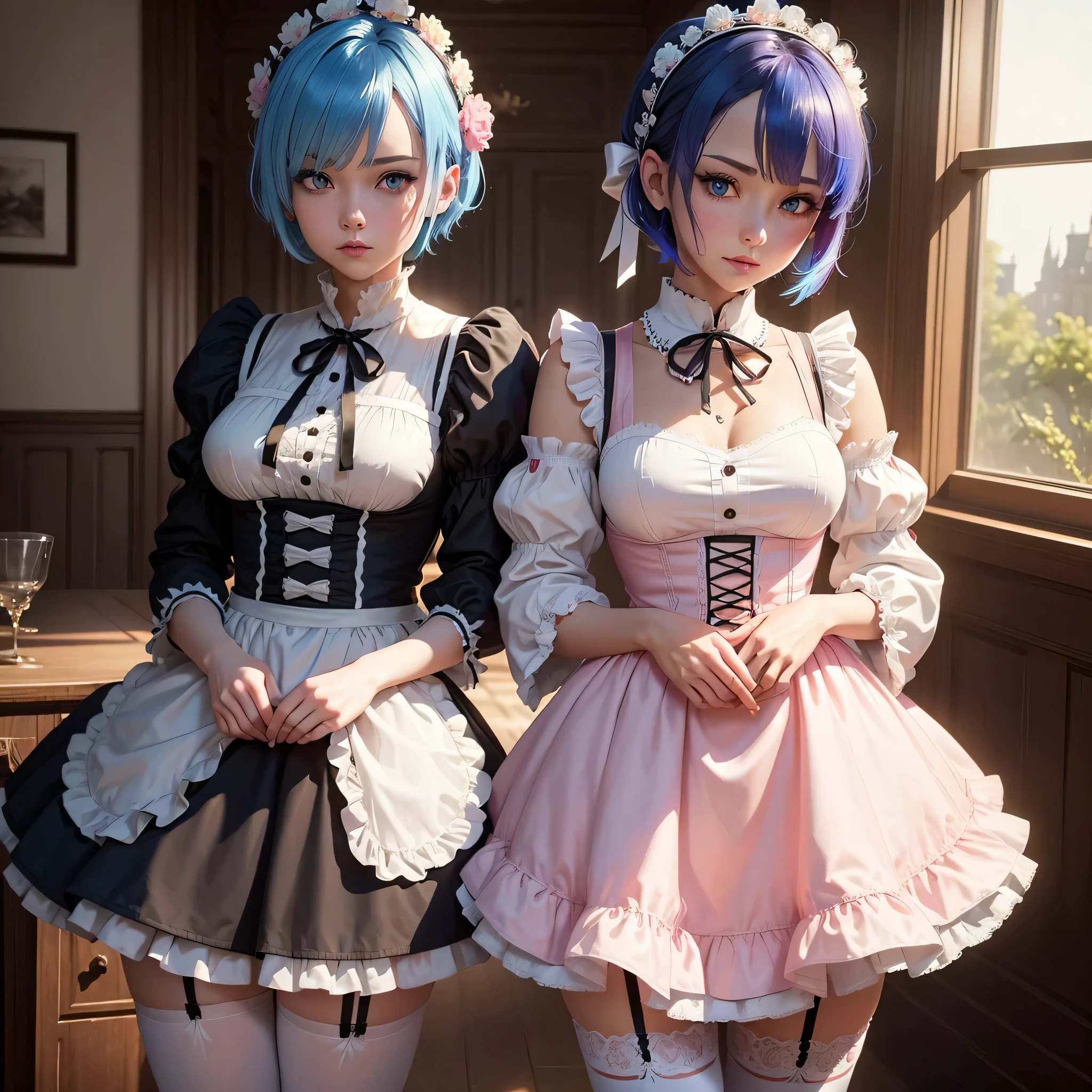 (highest quality:1.2, Very detailed, Latest, Vibrant, Super Detail, Ultra-high resolution, High Contrast, masterpiece:1.2, highest quality, Best aesthetics), Two people, (2 women), Two women posing side by side, Woman on the right:rem \(re:zero\), blue eyes, blue hair, hair ornament, hair over one eye, hair ribbon, short hair, x hair ornament, nayutaren, blue hair, roswaal mansion maid uniform, Woman on the left:ram \(re:zero\), pink hair, white thighhighs, short hair, red eyes, hair over one eye, hair ribbon, x hair ornament, maid headdress, waist apron, garter straps, black ribbon, small breasts, detached sleeves, neck ribbon, hair flower, roswaal mansion maid uniform, Dynamic Angle, Random Pause, Cowboy Shot,