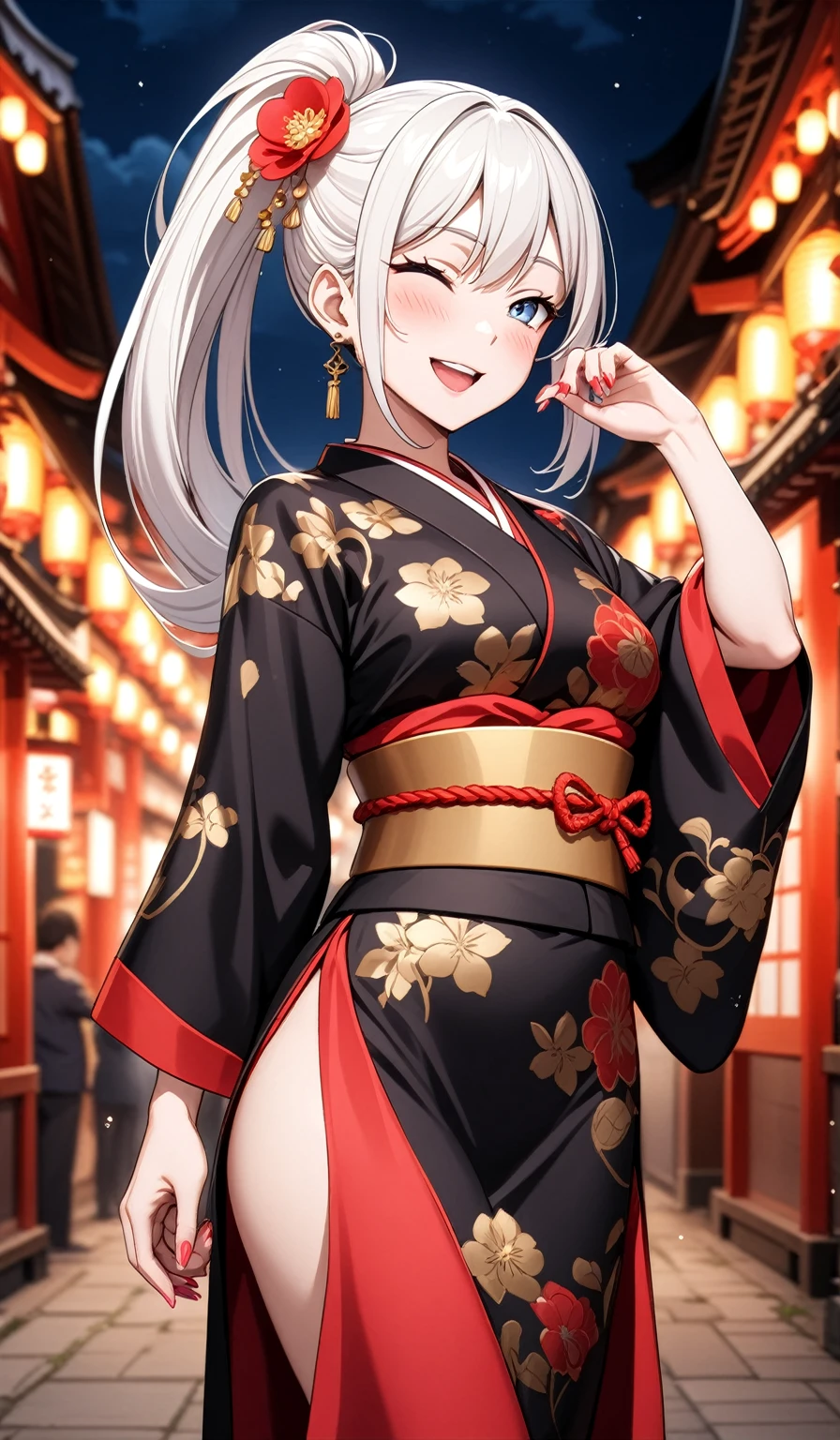 ((one personの女性)), Beautiful Face,Laughing in annoyance,((Wink:1.7)),Laughing with your mouth open,Bright red cheeks,Glossy pink lips,night,Shrine festival s高いs,((Anime style background)),masterpiece, highest quality, so beautiful, Latest, Complex details, (Pink long nails),AI-generated, Complex,High resolution, highest quality, super high quality,3D Images、View your viewers、3D Images,one person,Long white hair,High Ponytail,blue eyes,Anime woman posing for a photo, [[Fine grain、Colorful eyes、Shining Eyes:1.15]],(Squint your eyes:1.1),a hyperRealistic , hyperRealistic , Realistic,Anime woman with long and white hair, Smooth anime CG art, A woman in a colorful kimono with gold embroidery, (Black kimono),Red floral pattern,Long flower hair ornament,Big earrings,,Mature Body,Tall,Big Ass,Fine details,Narrow waist,(Face close-up:1.2),(Recurve your hips)
