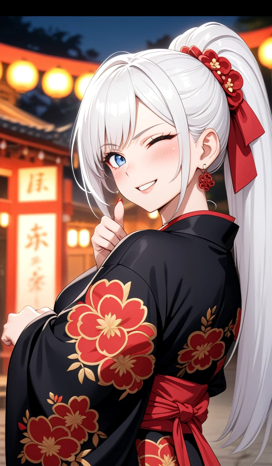 ((one personの女性)), Beautiful Face,Laughing in annoyance,((Wink:1.7)),Laughing with your mouth open,Bright red cheeks,Glossy pink lips,night,Shrine festival s高いs,((Anime style background)),masterpiece, highest quality, so beautiful, Latest, Complex details, (Pink long nails),AI-generated, Complex,High resolution, highest quality, super high quality,3D Images、View your viewers、3D Images,one person,Long white hair,High Ponytail,blue eyes,Anime woman posing for a photo, [[Fine grain、Colorful eyes、Shining Eyes:1.15]],(Squint your eyes:1.1),a hyperRealistic , hyperRealistic , Realistic,Anime woman with long and white hair, Smooth anime CG art, A woman in a colorful kimono with gold embroidery, (Black kimono),Red floral pattern,Long flower hair ornament,Big earrings,,Mature Body,Tall,Big Ass,Fine details,Narrow waist,(Face close-up:1.2),(Recurve your hips)