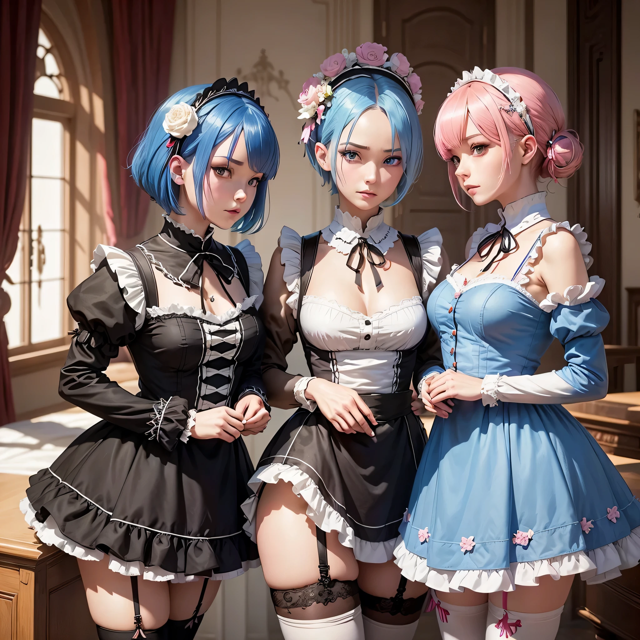(highest quality:1.2, Very detailed, Latest, Vibrant, Super Detail, Ultra-high resolution, High Contrast, masterpiece:1.2, highest quality, Best aesthetics), Two people, (2 women), Two women posing side by side, Woman on the right:rem \(re:zero\), blue eyes, blue hair, hair ornament, hair over one eye, hair ribbon, short hair, x hair ornament, nayutaren, blue hair, roswaal mansion maid uniform, Woman on the left:ram \(re:zero\), pink hair, white thighhighs, short hair, red eyes, hair over one eye, hair ribbon, x hair ornament, maid headdress, waist apron, garter straps, black ribbon, small breasts, detached sleeves, neck ribbon, hair flower, roswaal mansion maid uniform, Dynamic Angle, Random Pause, Cowboy Shot,