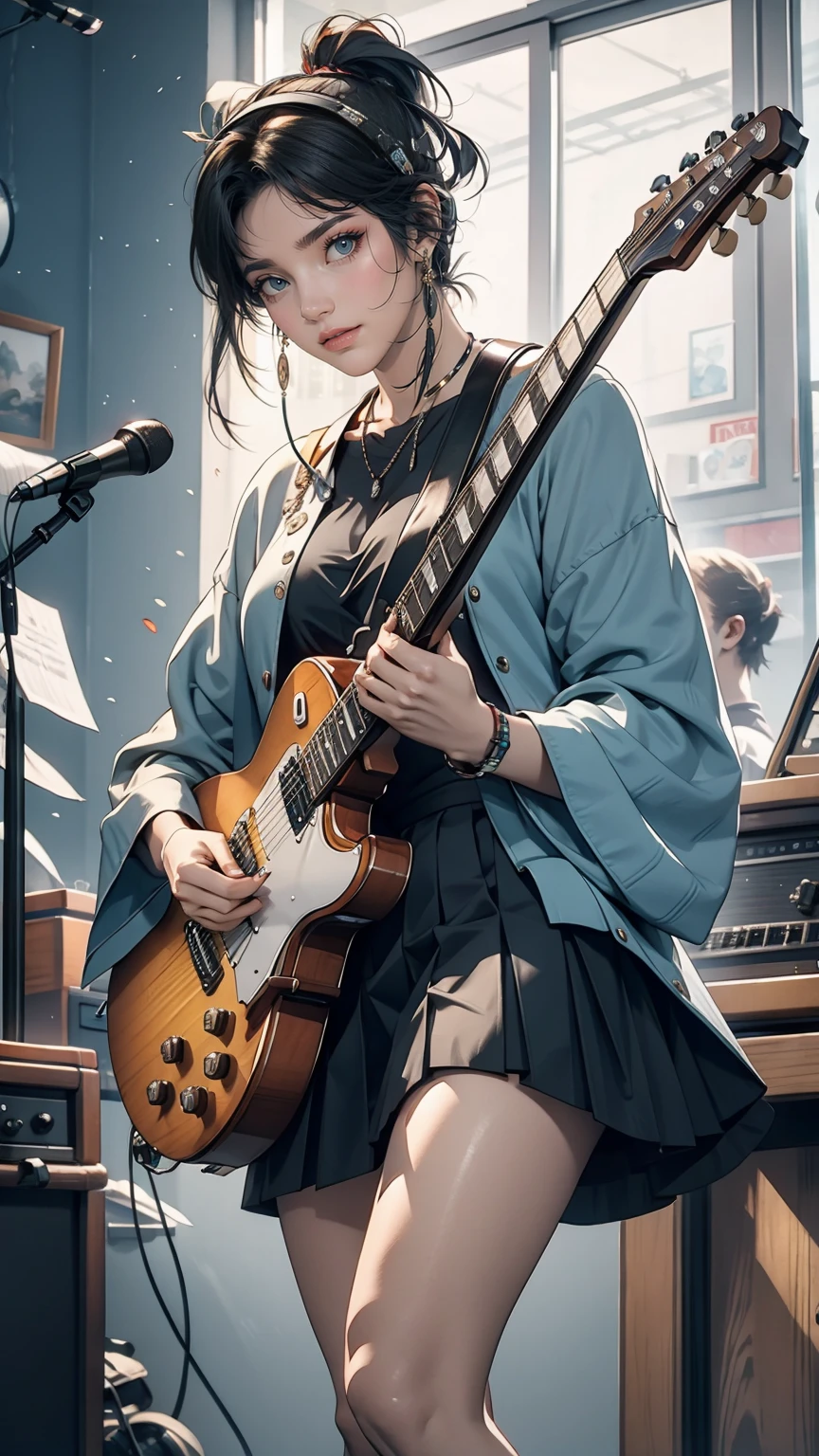 ((masterpiece, highest quality))One Girl, alone, Black Dress, blue eyes, electric guitar, guitar, Headphones, Double Ponytail, Holding, Holding plectrum, musical instrument, Long Hair, music, One side up, Turquoise Hair, Twin tails, guitarを弾く, Pleated skirt, Black Shirt, interior