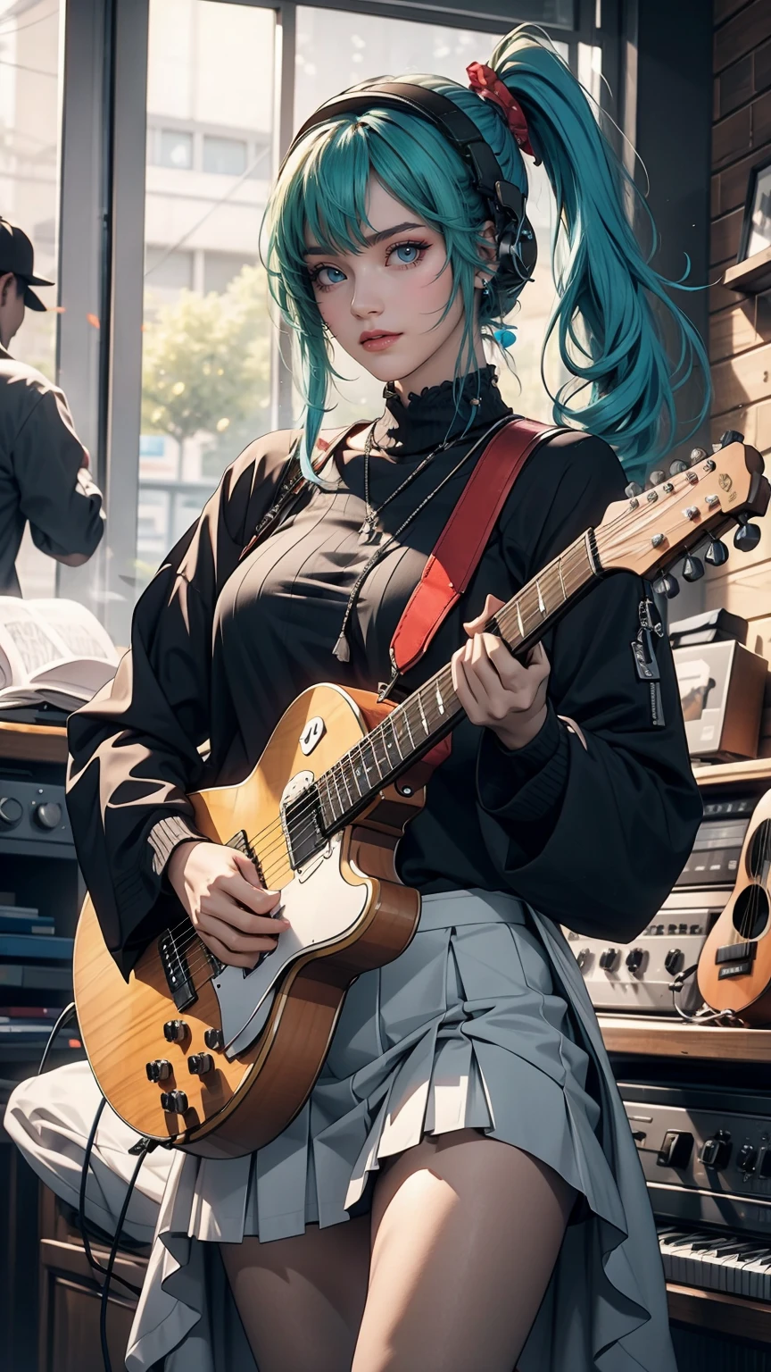((masterpiece, highest quality))One Girl, alone, Black Dress, blue eyes, electric guitar, guitar, Headphones, Double Ponytail, Holding, Holding plectrum, musical instrument, Long Hair, music, One side up, Turquoise Hair, Twin tails, guitarを弾く, Pleated skirt, Black Shirt, interior