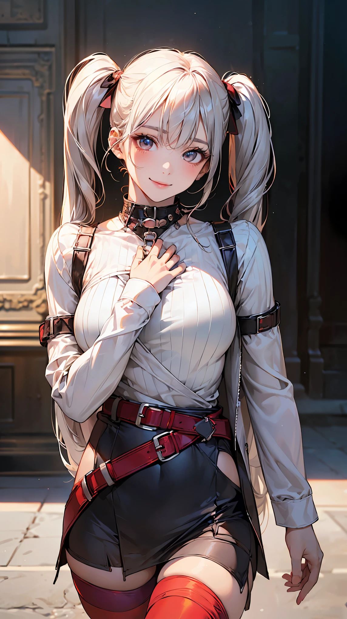 (masterpiece:1.2, highest quality), (Realistic, photoRealistic:1.4), Beautiful illustrations, (Natural Side Lighting, Cinema Lighting),Say OK to your audience, Upper Body, (Front view), 1 girl, Perfect Face, Symmetrical cute face, Shiny skin, Baby Face, Long eyelashes, (Big Breasts), (Wide Hips),Beautiful Hair, Beautiful Face, Beautiful and beautiful eyes, Beautiful body, Beautiful breasts, beautiful Thighs, Beautiful legs, Beautiful fingers,(Beautiful views:1.2),(Cute Smile:1.2, Superior),Silver Hair, (Light clothing),(Very long twin tails:1.5), (White mini dress), High neck, (No sleeve),( White Body Conscious), (Red tights:1.5), Thighs, Jacket,(Punk Style:1.5),(Belted clothing:1.5),(Wrap a belt around your chest:1.5)