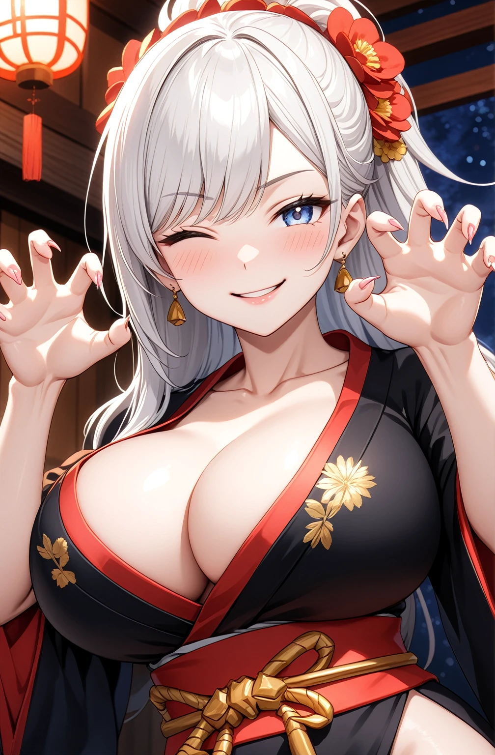 ((one personの女性)), Beautiful Face,Laugh shyly,((Wink:2.0)),Laughing with your mouth open,turn bright red,Glossy pink lips,night,Japanese-style room of the shrine,firework,((Anime style background)),masterpiece, highest quality, so beautiful, Latest, Complex details, (Pink long nails),AI-generated, Complex,High resolution, highest quality, super high quality,3D Images、View your viewers、3D Images,one person,Long white hair,High Ponytail,blue eyes,Anime woman posing for a photo, [[Fine grain、Colorful eyes、Shining Eyes:1.15]],(Squint your eyes:1.1),a hyperRealistic , hyperRealistic , Realistic,Anime woman with long and white hair, Smooth anime CG art, A woman in a colorful kimono with gold embroidery, (Black kimono),Red floral pattern,Long flower hair ornament,Big earrings,(Big Breasts:1.3),Mature Body,expensive,Big Ass,Fine details,Tight waist,Abdominal muscles,(Face close-up:1.5),(Tilt your face:1.8),Diagonal Background,(claw pose:2.0)
