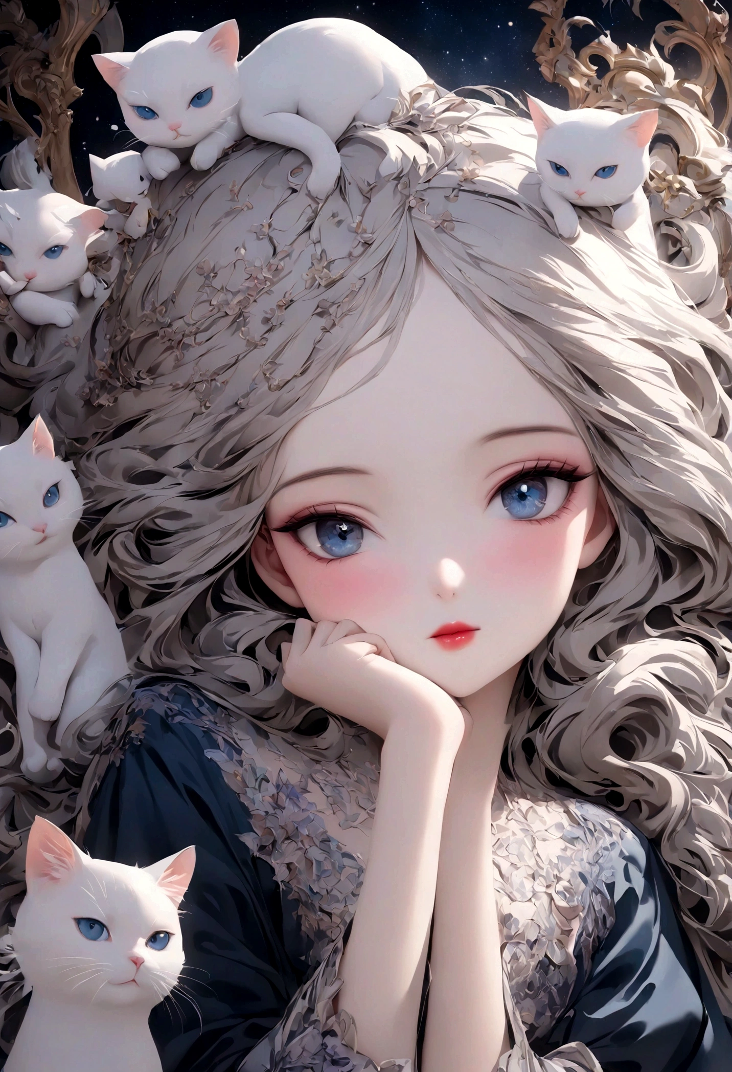 (Best quality,4K,8K,high resolution,Masterpiece:1.2),Super detailed,(Realistic,Photorealistic,Photo-realistic:1.37),Blue long hair, blue eyes, A flowing blue dress, White top,Three-quarter sleeves, Seated, Girl, Combing Hair, Starry sky background, Smoke Smudge, White cat,Dolls