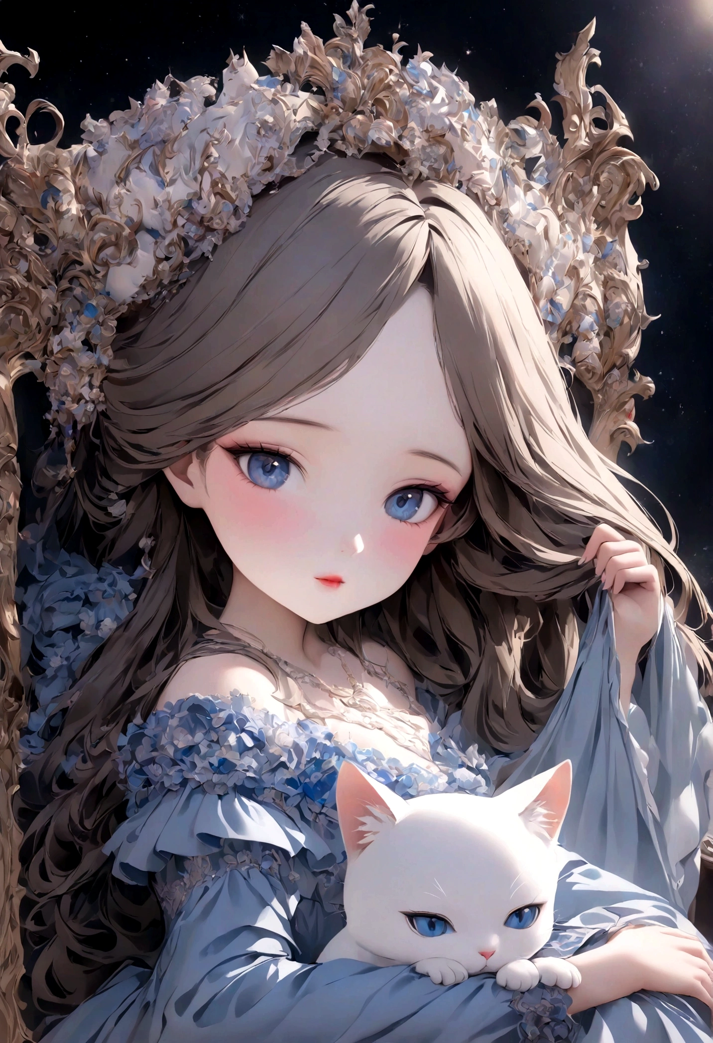 （Best quality，4K，8K，high resolution，Masterpiece：1.2），Super detailed，（Realistic，Photorealistic，Photo-realistic：1.37），Blue long hair， blue eyes， A flowing blue dress， White top，Three-quarter sleeves， Seated， Girl， Combing Hair， Starry sky background， Smoke Smudge， White cat，Dolls
