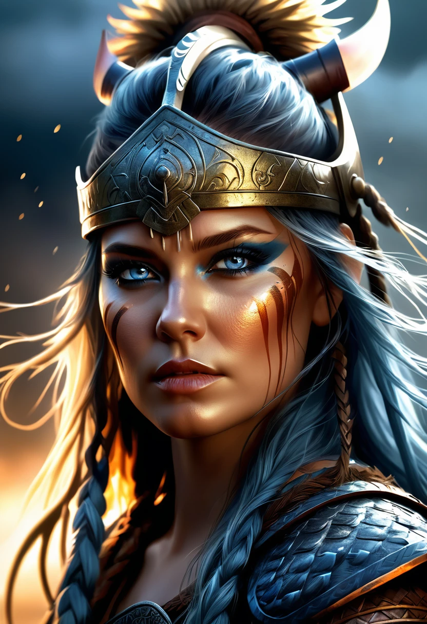 Female Warrior, A stunning Beautiful ancient female viking warrior war paint, eerie atmosphere, wet brush, By Wadim Kashin and Alberto Seveso, Epic cinematic brilliant stunning intricate meticulously detailed dramatic atmospheric maximalist digital matte painting, Flawless eyes, hyperdetailed painting, CGSociety ZBrush Central fantasy art concept art  megapixels 8K resolution HDR, photorealistic lifelike
