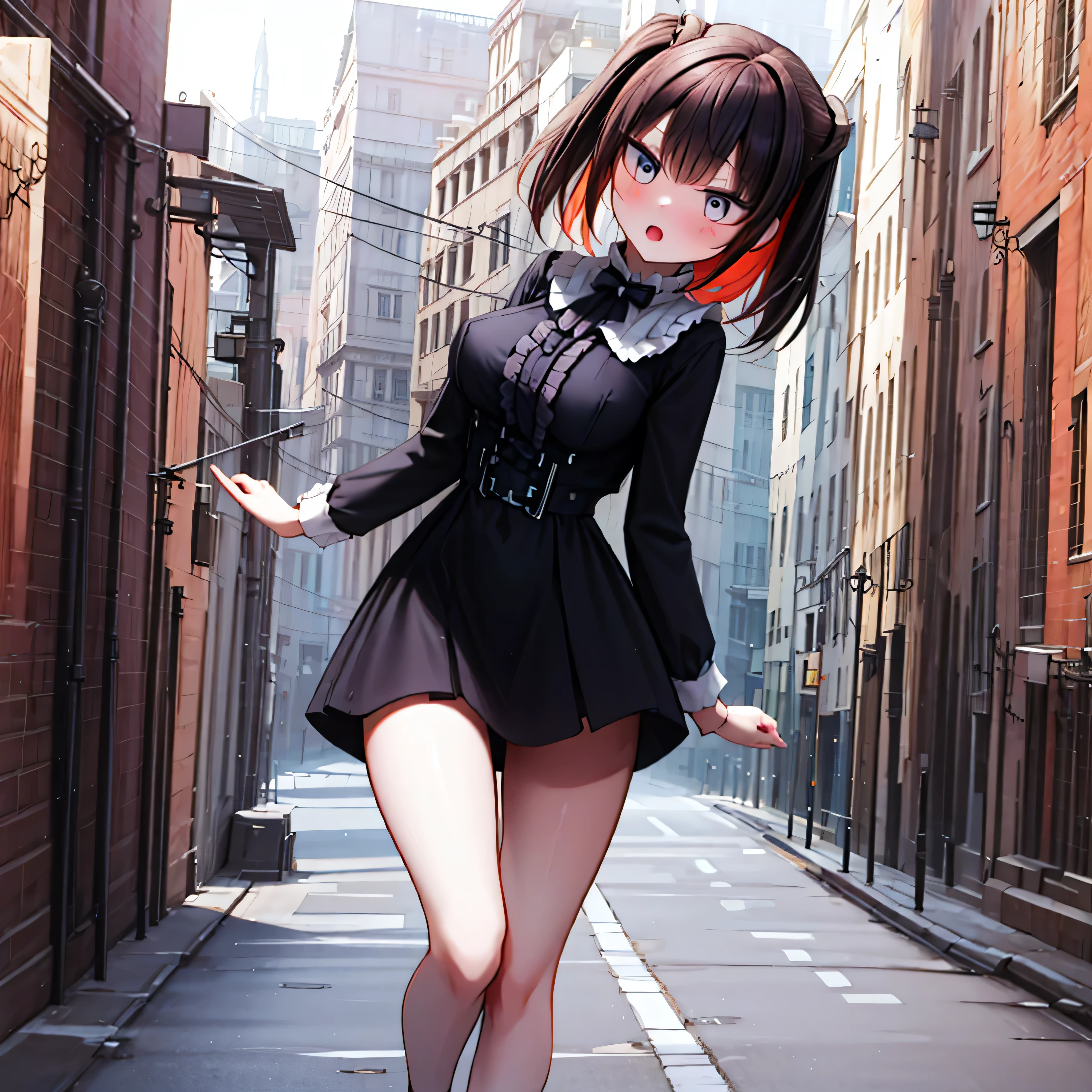 (solo), (1 short girl), bouncing unaligned breasts, swaying back, arms behind back, BREAK, large breasts, skinny, narrow waist, very short torso, skinny long legs, BREAK, looking at viewer, jitome, nose blush, BREAK, (orgasm), BREAK, frilled black (too short dress), Gothic ta, thigh gap