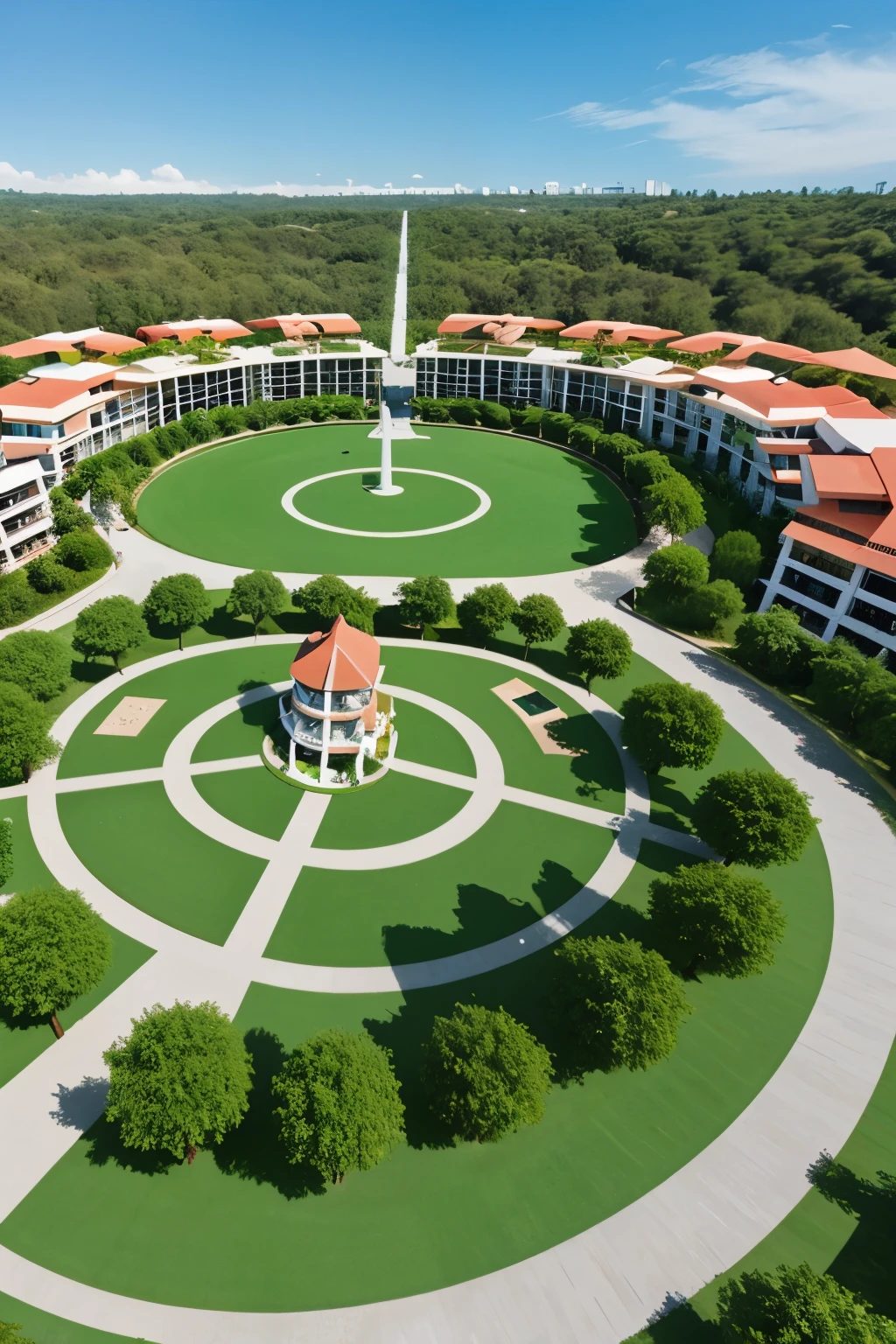 a 3d park with trees and a volumetric flower-shaped house in the center with a radial route , con 3 personas , ispirado en un centro artistico cultural