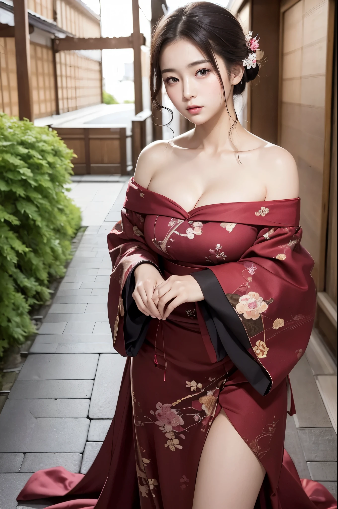 (((masterpiece))),(((High resolution)))、(((8K)))、(((perfect face)))、(((beauty of japan)))、20 years old、(((beautiful face))), (((off shoulder Japanese dress))), Plump, embarrassed look, look at the camera、top quality eyes, detailed texture, look at the camera, big tits