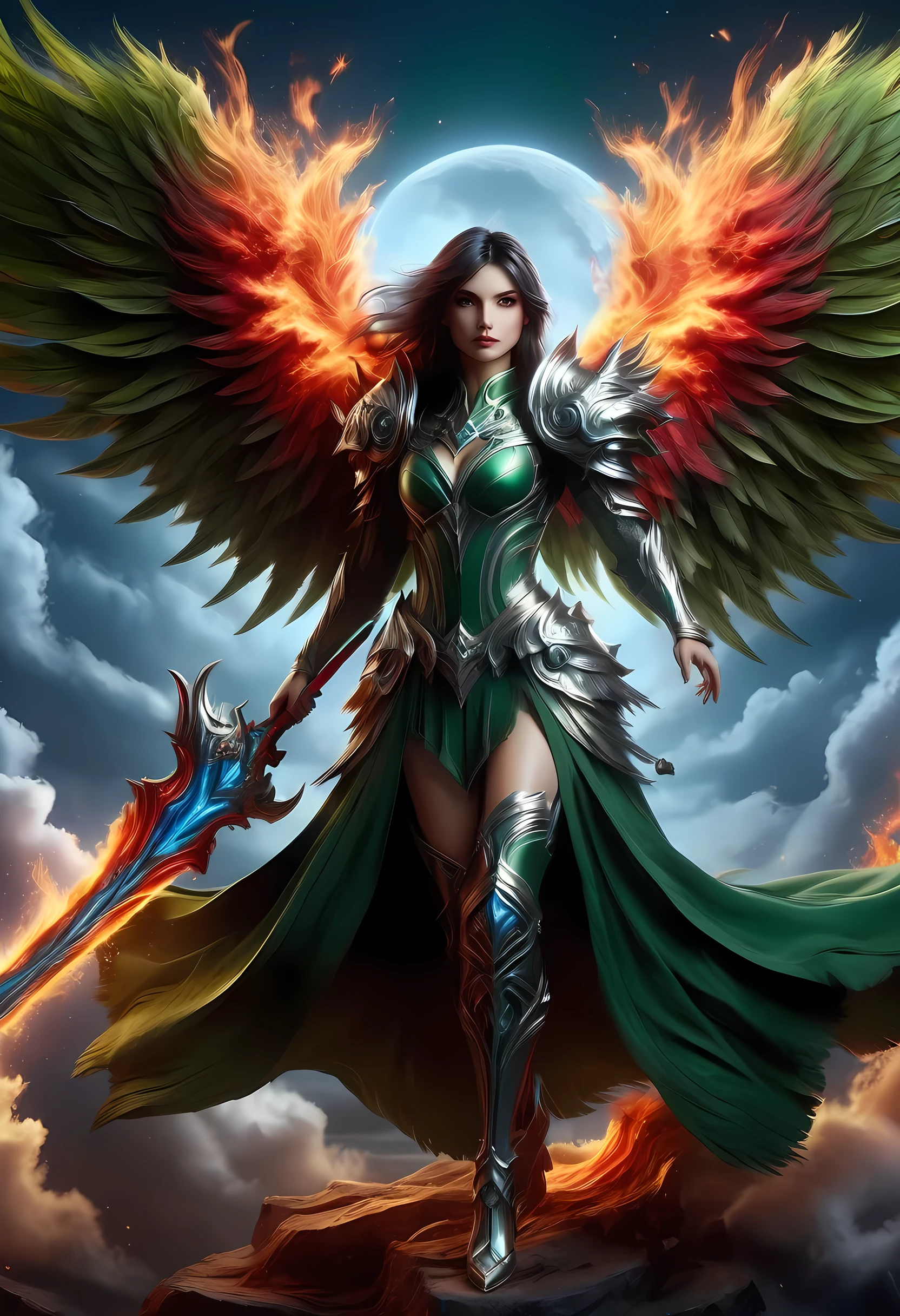 16k, ultra detailed, masterpiece, best quality, (extremely detailed), arafed, dnd art, panoramic view, full body, aasimar, female, (Masterpiece, intense details:1.3), female, divine warrior, holding ((flaming blade: 1.5)) (Masterpiece, intense details:1.3) large feathered wings,(white: 1.3) angelic wings spread (Masterpiece, intense details:1.3), fantasy magical heaven background (Masterpiece, intense details:1.3), moon, stars, clouds, wearing (azure armor: 1.3) (Masterpiece, intense details:1.3), elegant high heeled boots (Masterpiece, intense details:1.3), armed with sword, (black hair: 1.4), (green eyes: 1.4), intense eyes, ultra feminine, ultra detailed face, (Masterpiece, intense details:1.5), (anatomically correct: 1.5), determined face, divine light, cinematic lighting, soft light, silhouette, photorealism, panoramic view ((Masterpiece, intense details:1.3)) , Wide-Angle, Ultra-Wide Angle, 16k, highres, best quality, faize, 2.5D rendering, phoenix dress, Sword and shield, RagingNebula
