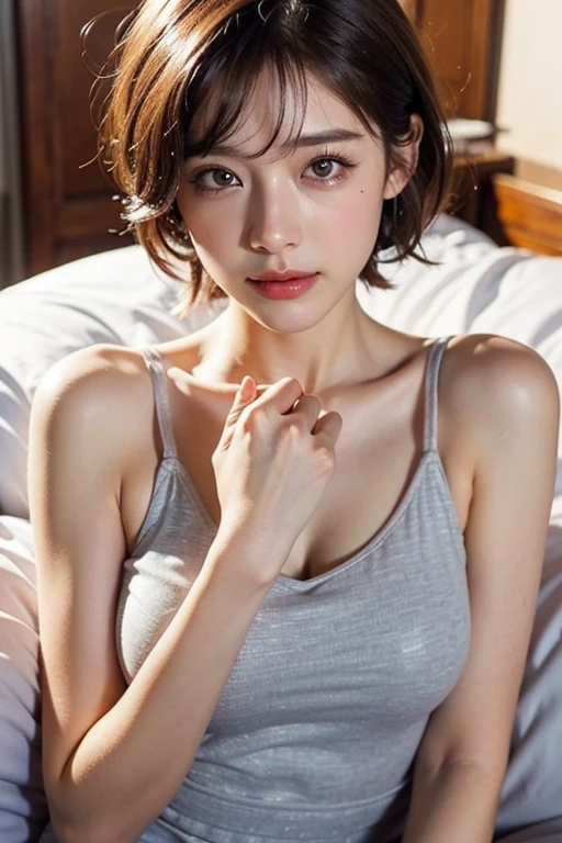 One girl, Small breasts,, (8k, RAW Photos, highest quality, masterpiece:1.2),(Realistic, photo-Realistic:1.37),Very delicate and beautiful,8k,In detail,Beautiful fine details,highest quality,Ultra-high resolution,((Very detailed)),(photo-Realistic:1.37),(((short hair)))、right eye:((Mole on outer corner of eye))、((Narrow waist))、(slender)、(bed)、((double eyelid))、((Are sleeping))、((Tear bags))、pajamas、Waiting