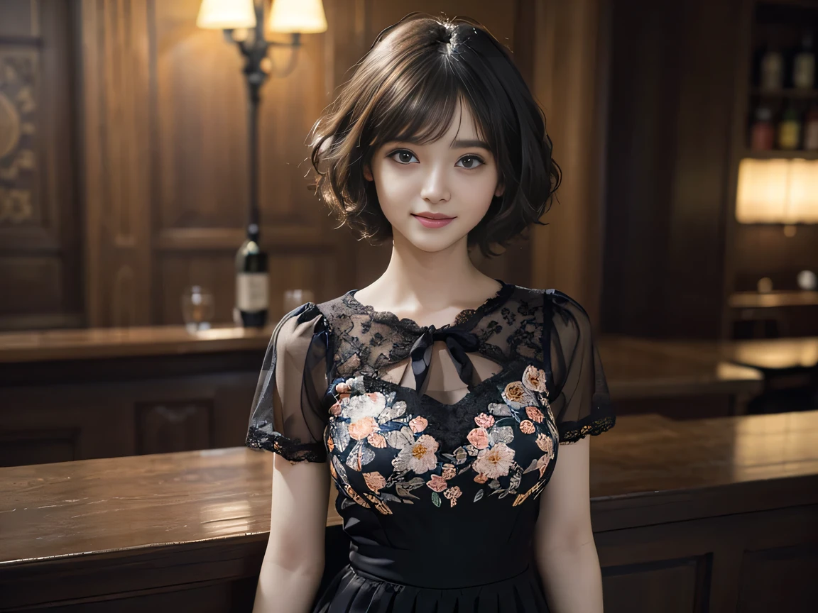 Ultra HD、8K、(1 female:1.2. Beautiful and natural、High-quality texture, Intricate details, Fine texture, High detail, Extremely detailed CG, High Quality Shadows, Realistic facial expressions, Beautiful and delicate down to the last detail, Beautiful and delicate eyes, Brown pupil, Perfectly balanced face, Written boundary depth, Cinematic Light, Lens flare, Ray Tracing,perspective, (Big eyes:1.2), Perfect body,Dutch Angle,Excellent anatomy,, elegant, Bright colors, 、Waist、Small Mouth、((Silけ-colored clothes))、((bar))、((furubody))、15 years old、(Very short hair/Ultra short),night、night scene、(Super Short Hair)、((Ultra short hair、Curly Hair、Curly Hair))、Straight bangs、((one person))、smile、Black short sleeve lace top、Black tulle skirt、Black clothing、Large Breasts、”dwarf”(Floral clothes)、