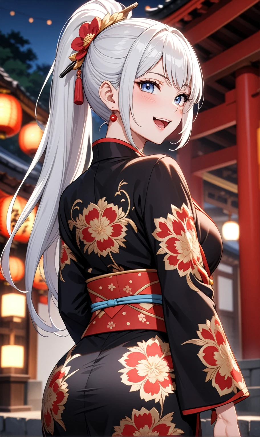 ((one personの女性)), Beautiful Face,Laughing in annoyance,((Wink:1.7)),Laughing with your mouth open,Bright red cheeks,Glossy pink lips,night,Shrine festival s高いs,((Anime style background)),masterpiece, highest quality, so beautiful, Latest, Complex details, (Pink long nails),AI-generated, Complex,High resolution, highest quality, super high quality,3D Images、View your viewers、3D Images,one person,Long white hair,High Ponytail,blue eyes,Anime woman posing for a photo, [[Fine grain、Colorful eyes、Shining Eyes:1.15]],(Squint your eyes:1.1),a hyperRealistic , hyperRealistic , Realistic,Anime woman with long and white hair, Smooth anime CG art, A woman in a colorful kimono with gold embroidery, (Black kimono),Red floral pattern,Long flower hair ornament,Big earrings,,Mature Body,Tall,Big Ass,Fine details,Narrow waist,(Face close-up:1.2),Look Back,(Recurve your hips)